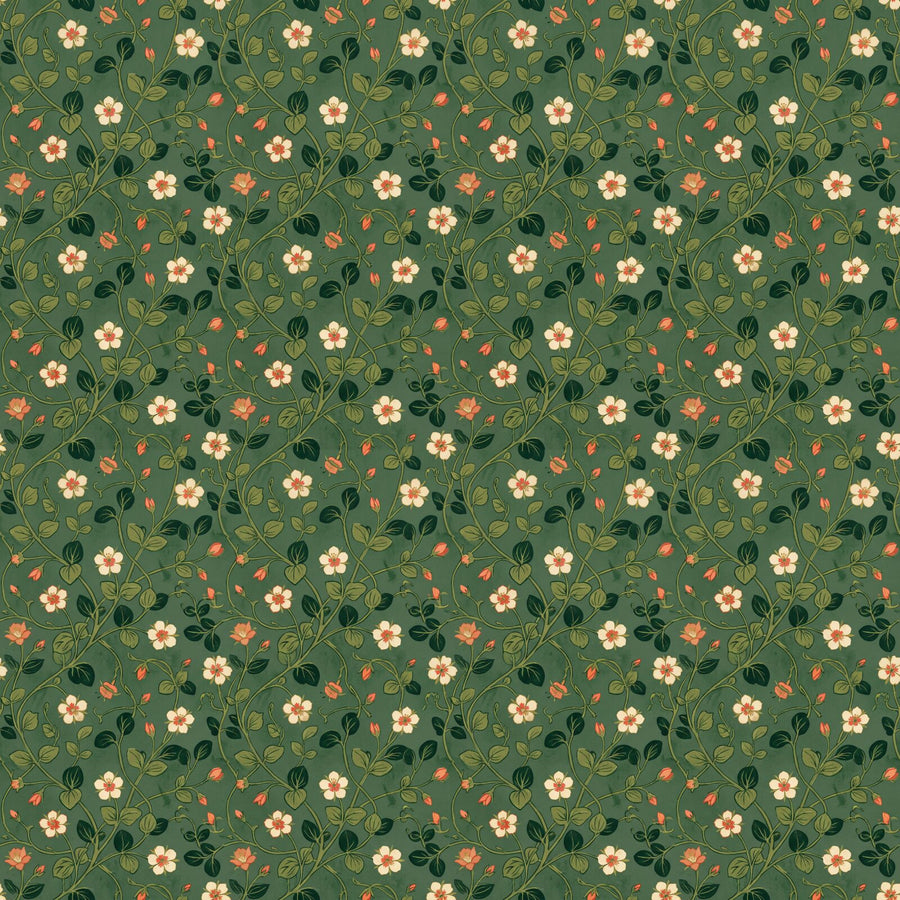 A refined botanical pattern wallpaper in deep sage green with cream and coral accents. Made to order.