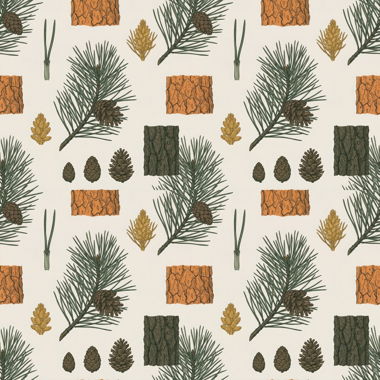 A precise botanical study of Scots pine in warm natural, green-grey, and brown tones. Made to order.