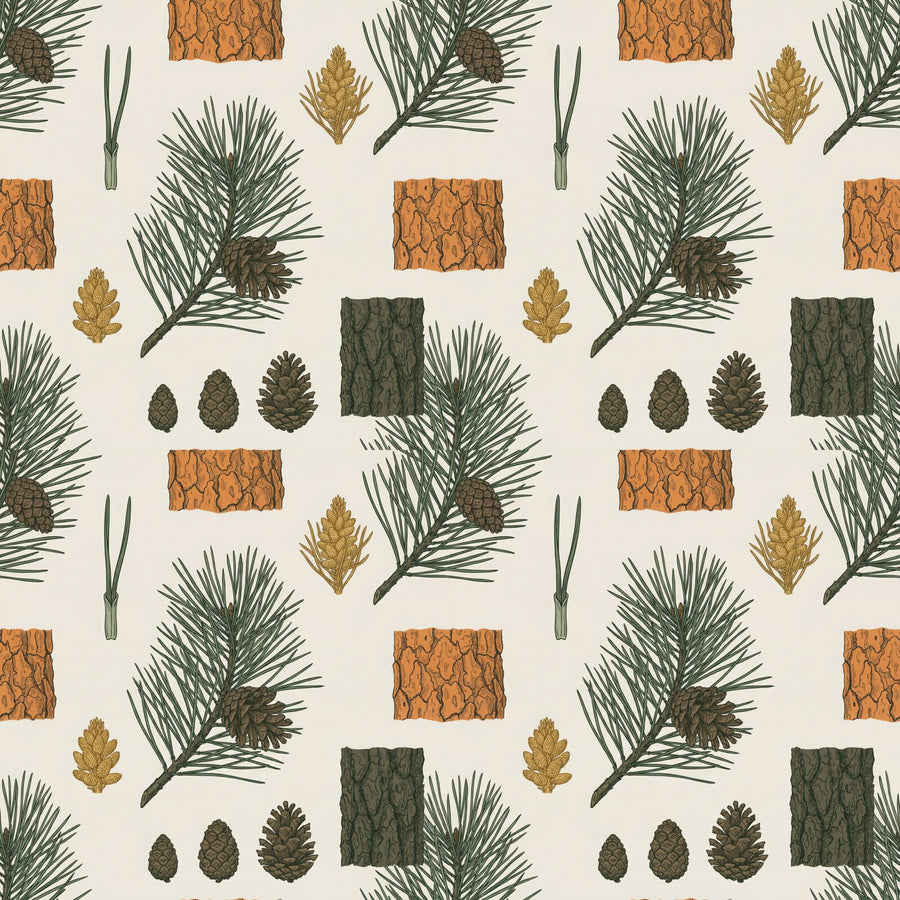 A precise botanical study of Scots pine in warm natural, green-grey, and brown tones. Made to order.