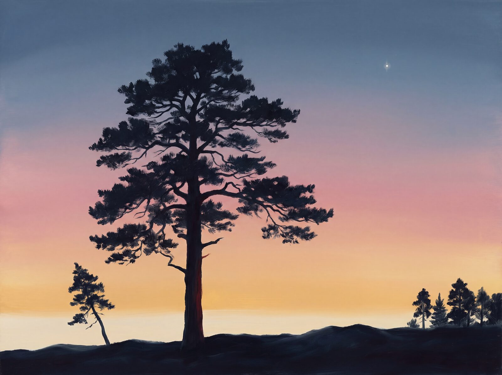 Scenic mural wallpaper featuring pine trees at dusk. Palette includes dark greens, gold, pink, and blue. Made to order.