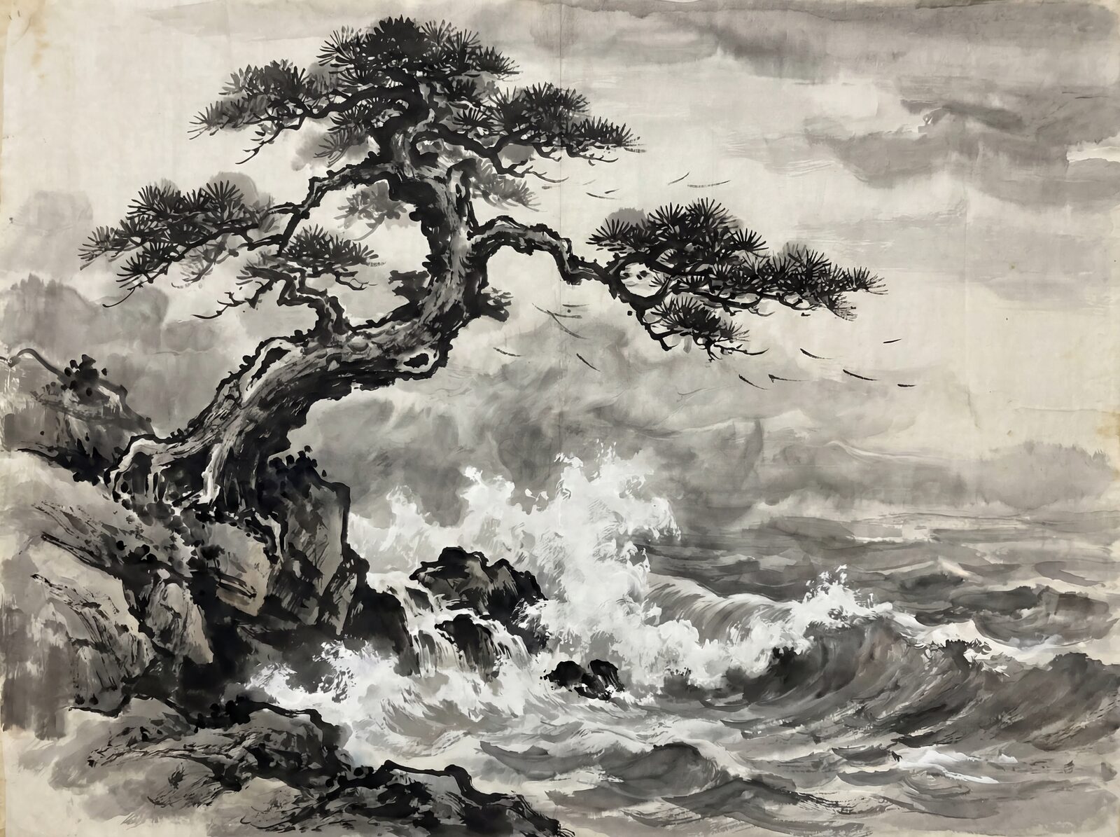Windswept pine mural with Ink Dark, Pine Ink, and Cliff Stone palette. Made to order.