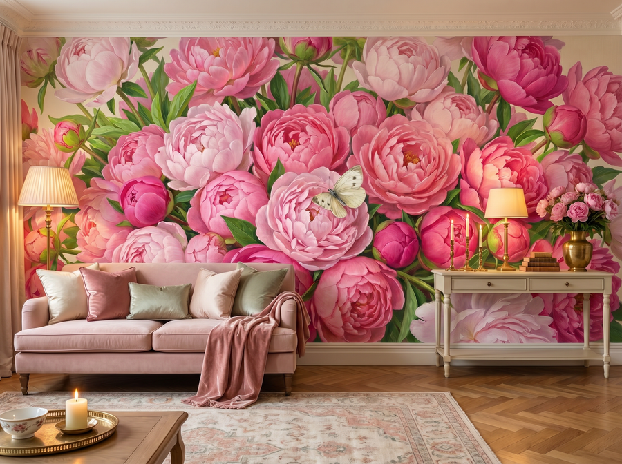 Pink Abundance scenic wallpaper mural on the feature wall of an English-country bedroom, in a soft grey palette — The Wall Shawl.