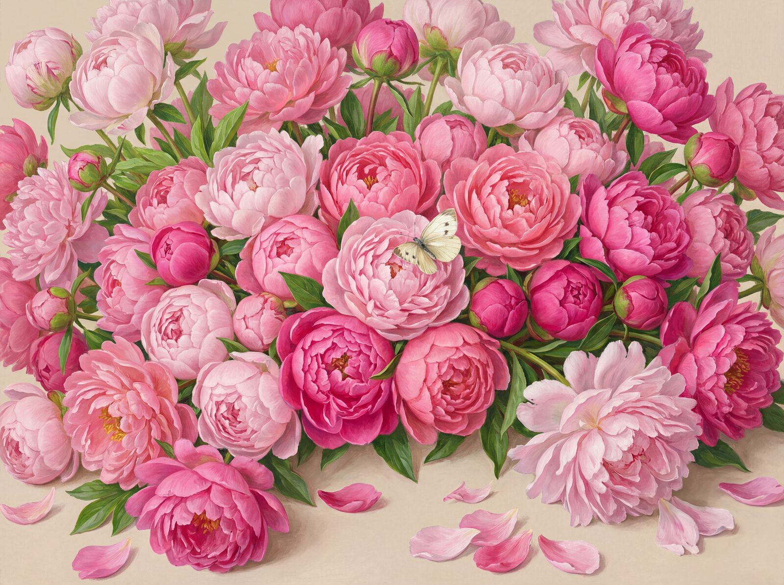 Immerse yourself in a maximalist wall of pink peonies, from ballet slipper to fuchsia, on a warm oyster ground. Made to order.