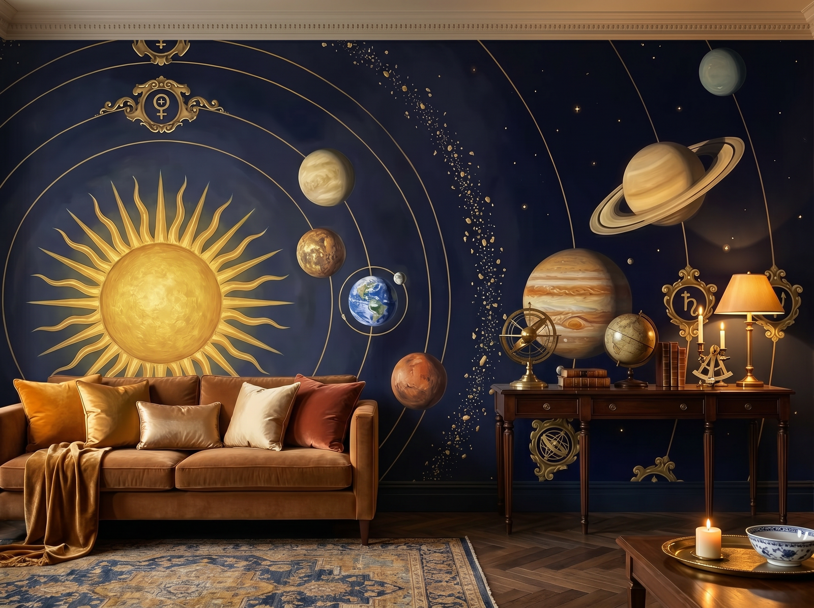 Planetarium scenic wallpaper mural on the feature wall of a dark-academia study, in a golden yellow-and-ochre palette — The Wall Shawl.