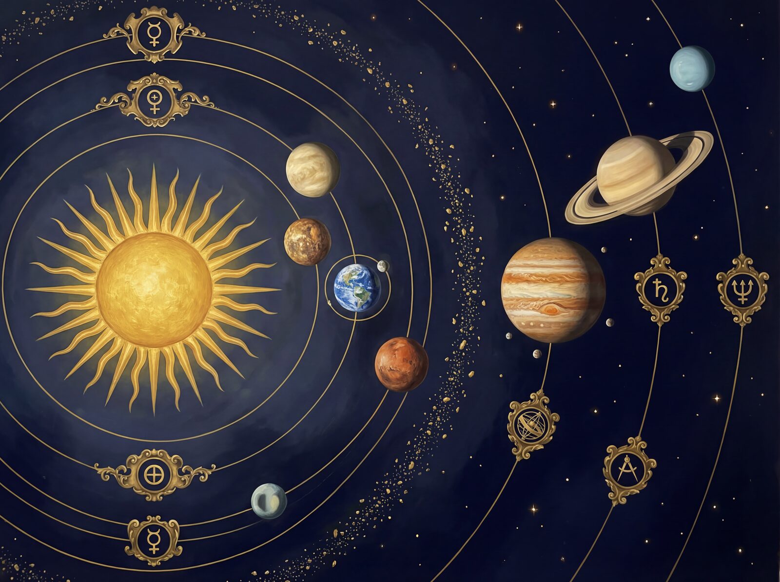 Step into a celestial dance with our Planetarium mural. Cosmic Dark, Orbital Gold, Sun Gold. Made to order.
