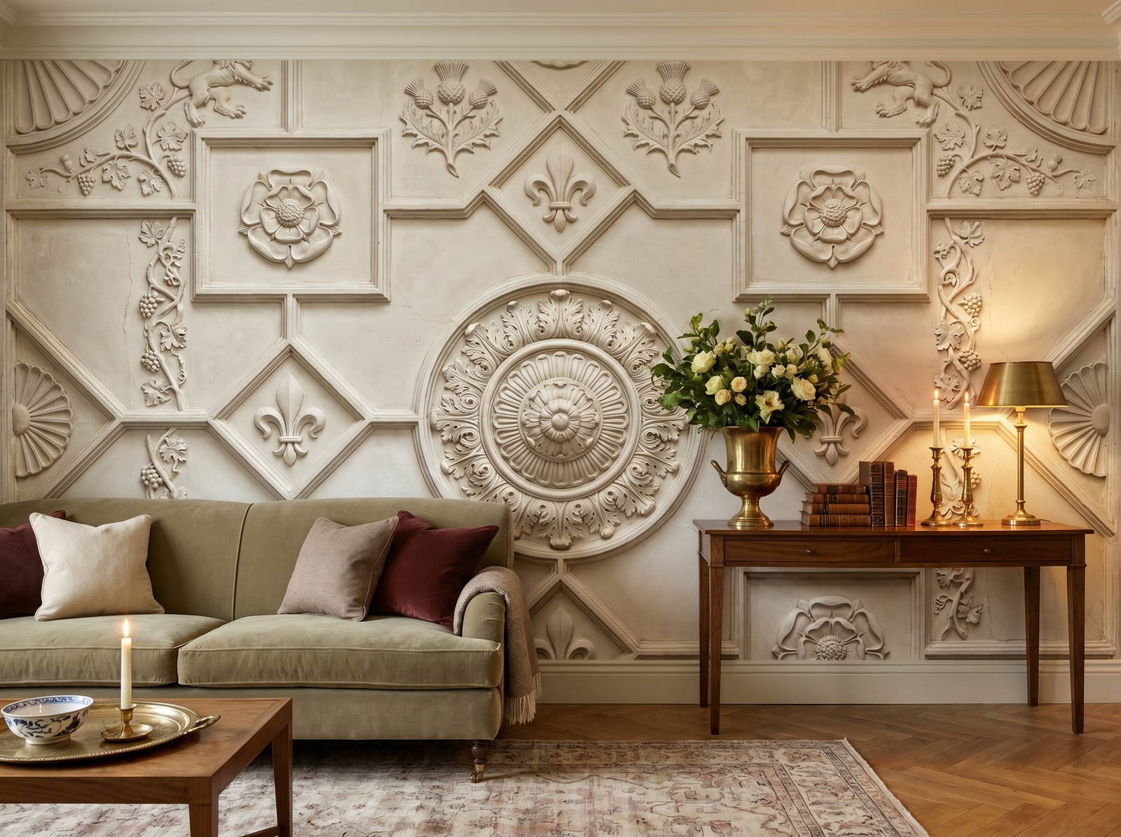 Plaster Ceiling wallpaper mural styled in a Hollywood Regency Living Room / Lounge, Geometric, Greys palette.