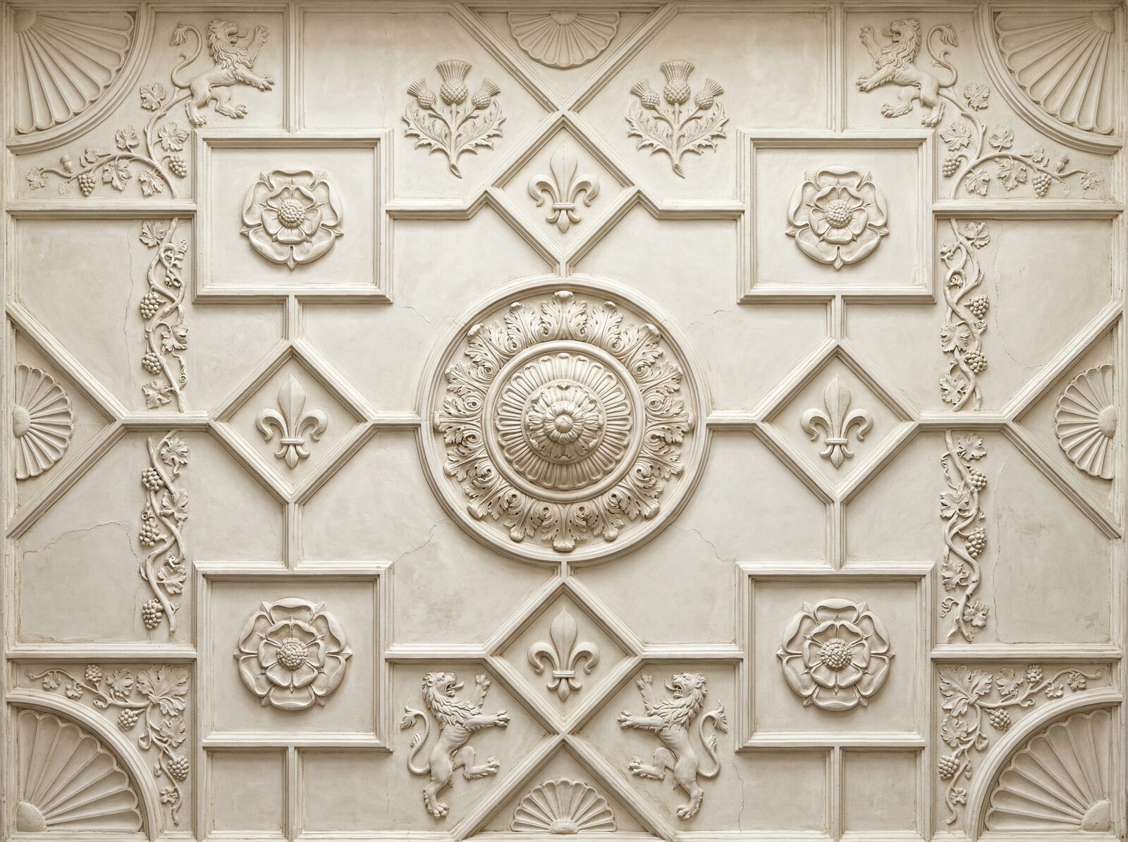 Immerse yourself in Elizabethan grandeur with this white-on-white plaster ceiling mural. Warm whites, creams, and subtle blush. Made to order.