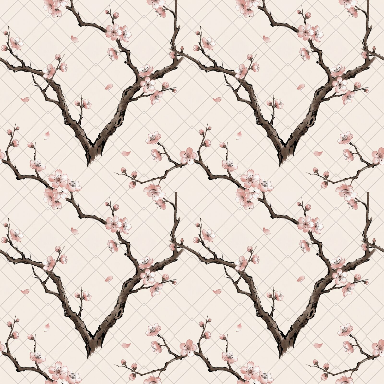 Experience the refined beauty of plum blossoms on a geometric grid. Features umber, pink, silver, white, and dark ink tones. Made to order.