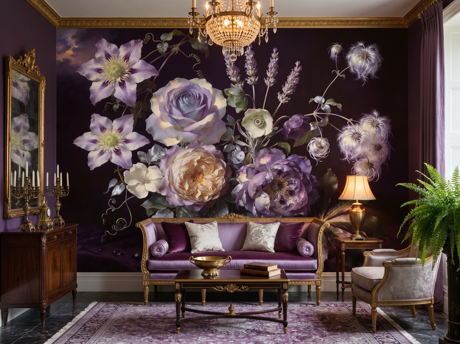 Plum Shadow scenic wallpaper mural on the feature wall of a dark-academia bedroom, in a soft grey palette — The Wall Shawl.