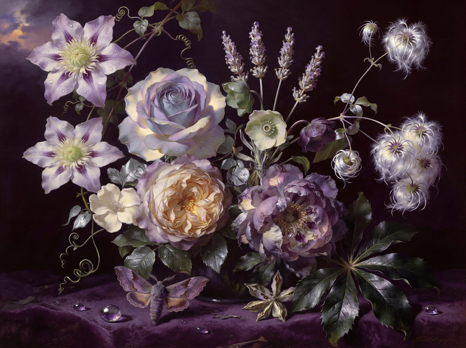 Gothic botanical mural: lavender rose, dusty-mauve peony, wild clematis and Old Man's Beard on a deep aubergine-plum ground with amethyst dewdrops