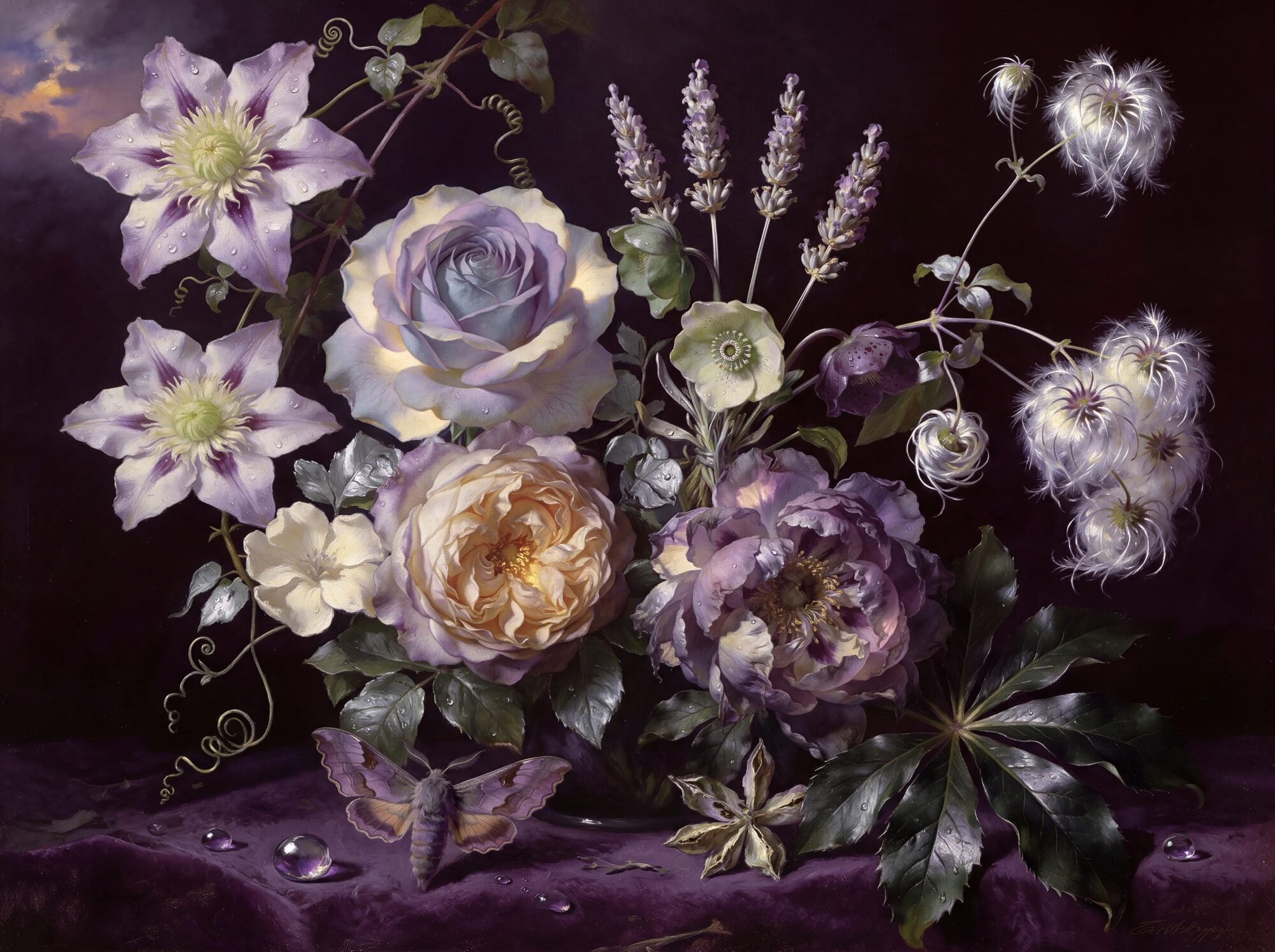 Gothic botanical mural: lavender rose, dusty-mauve peony, wild clematis and Old Man's Beard on a deep aubergine-plum ground with amethyst dewdrops