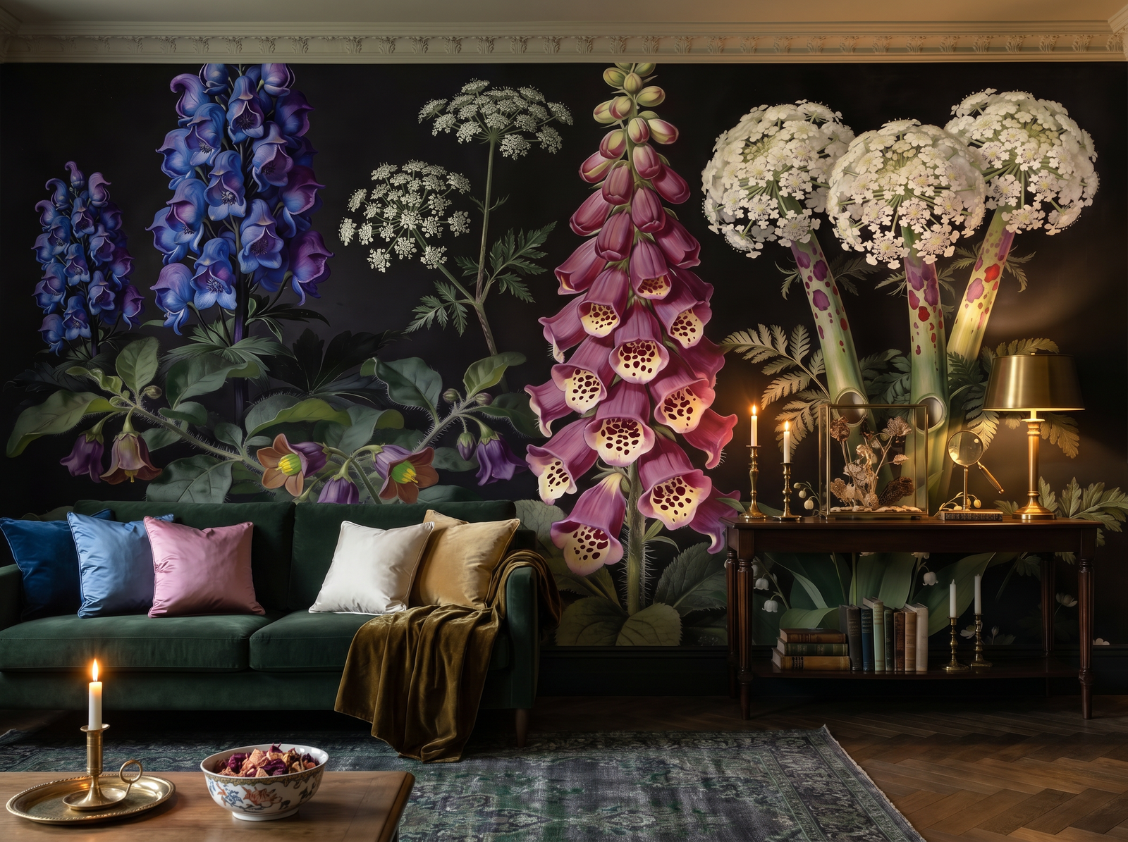 Poisonous Plants scenic wallpaper mural on the feature wall of an English-country dining room, in a moody black-and-charcoal palette — The Wall Shawl.