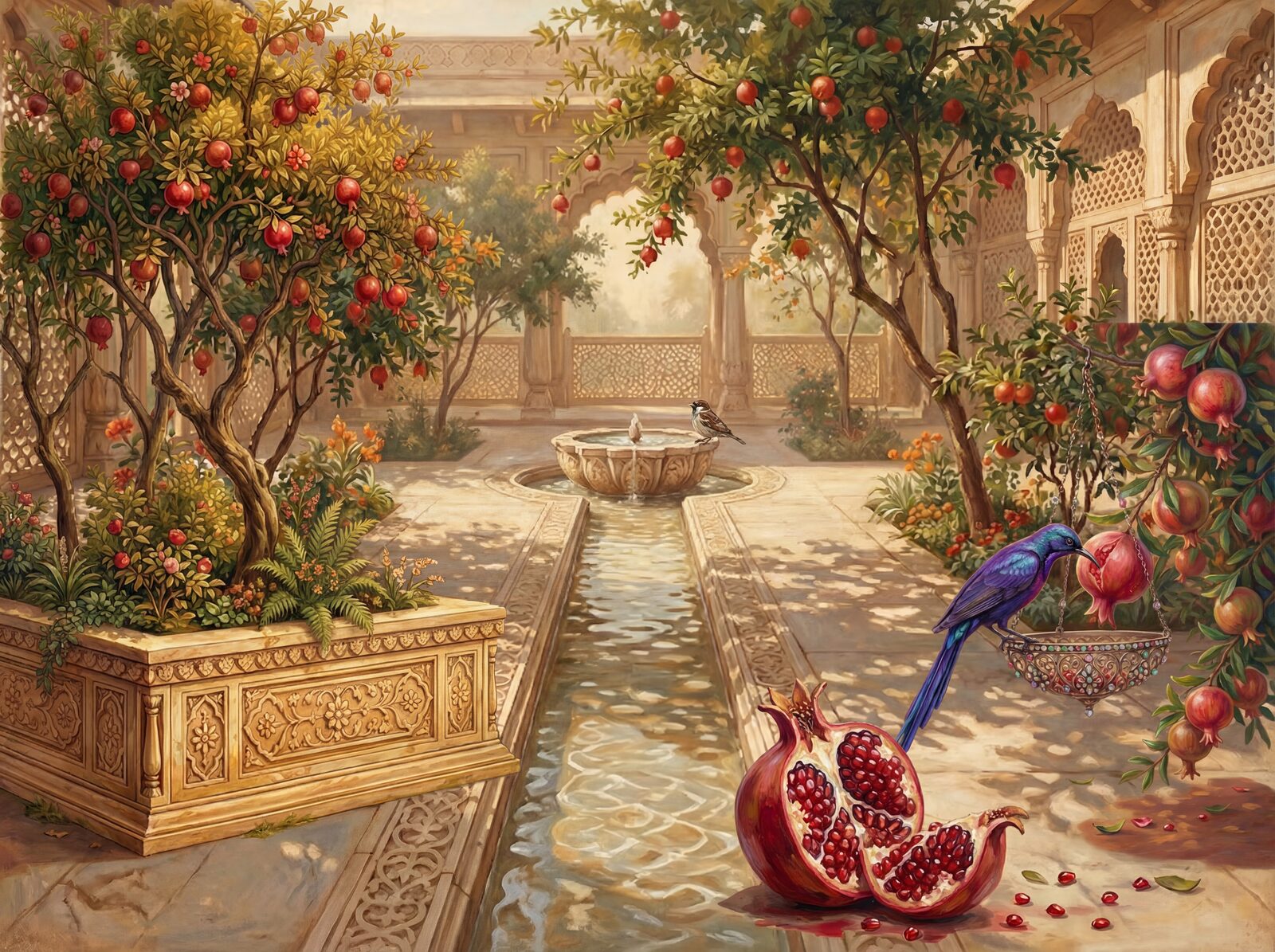 Mughal courtyard scene with pomegranate trees, marble jali screens, and warm gold light. Palette: crimson, ruby, white, gold. Made to order.