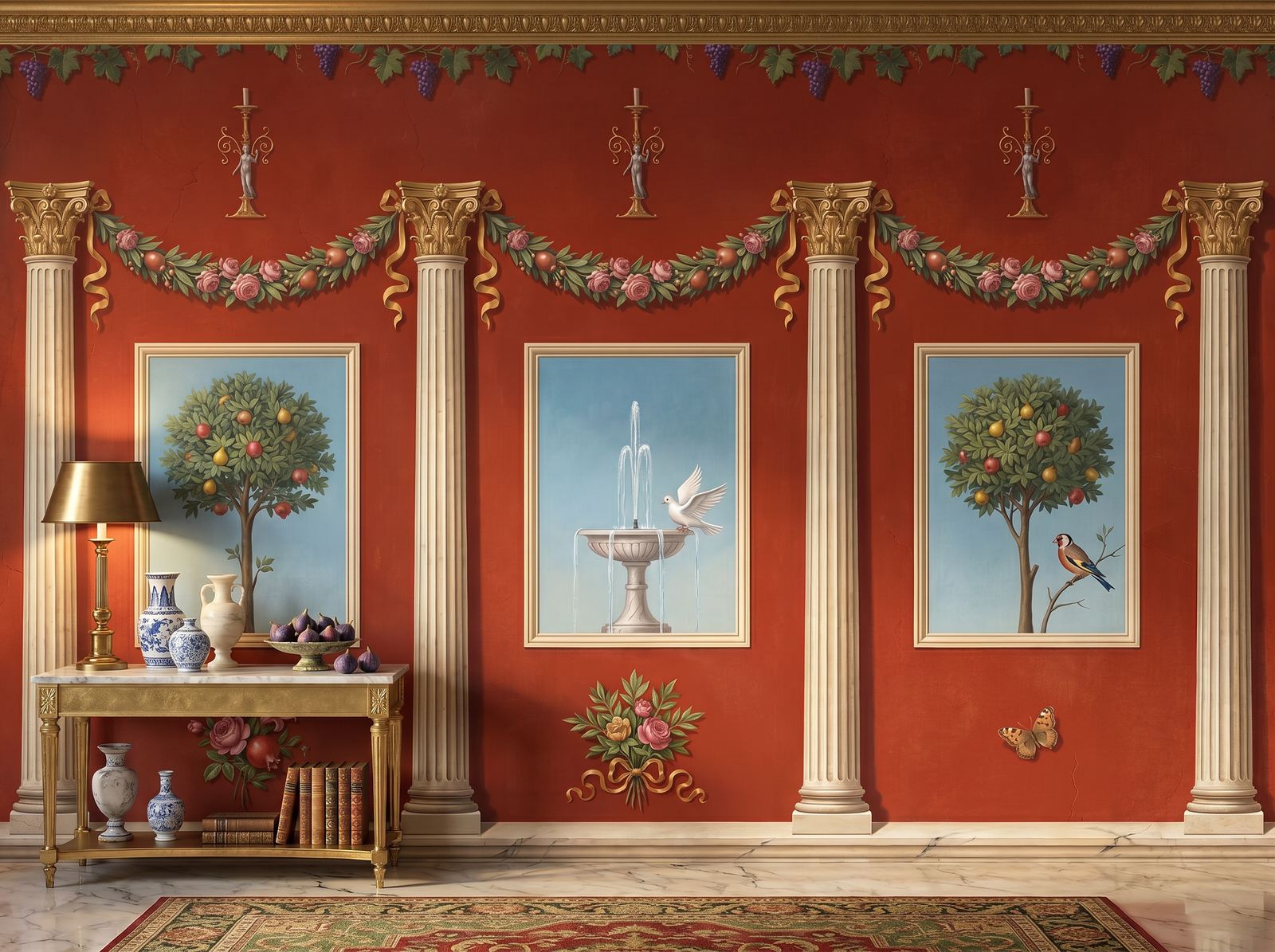 Pompeian Room scenic wallpaper mural on the feature wall of a traditional dining room, in a cool blue palette — The Wall Shawl.