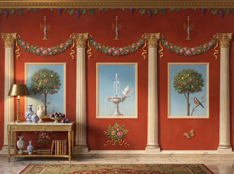 Pompeian Room scenic wallpaper mural on the feature wall of a traditional dining room, in a cool blue palette — The Wall Shawl.