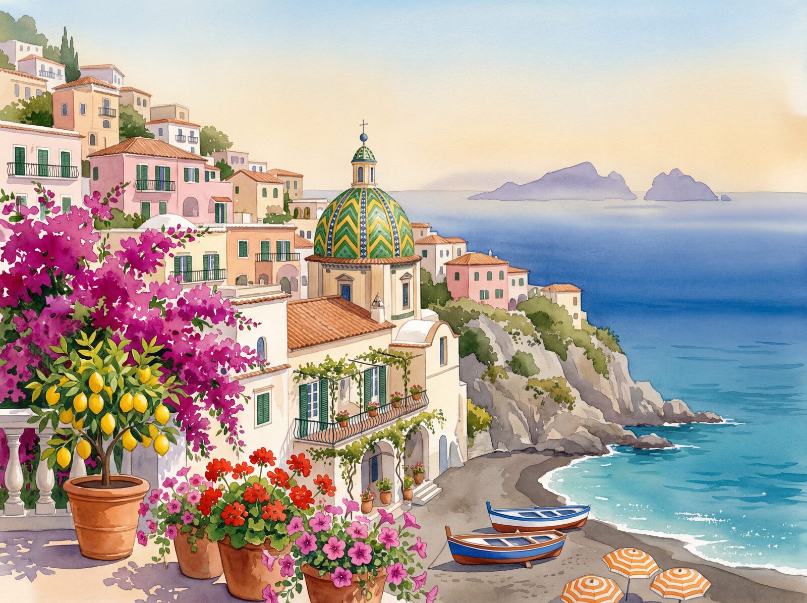 Vibrant Italian village scene with Positano Pink, Peach Facade, and Ultramarine Sea. Made to order.