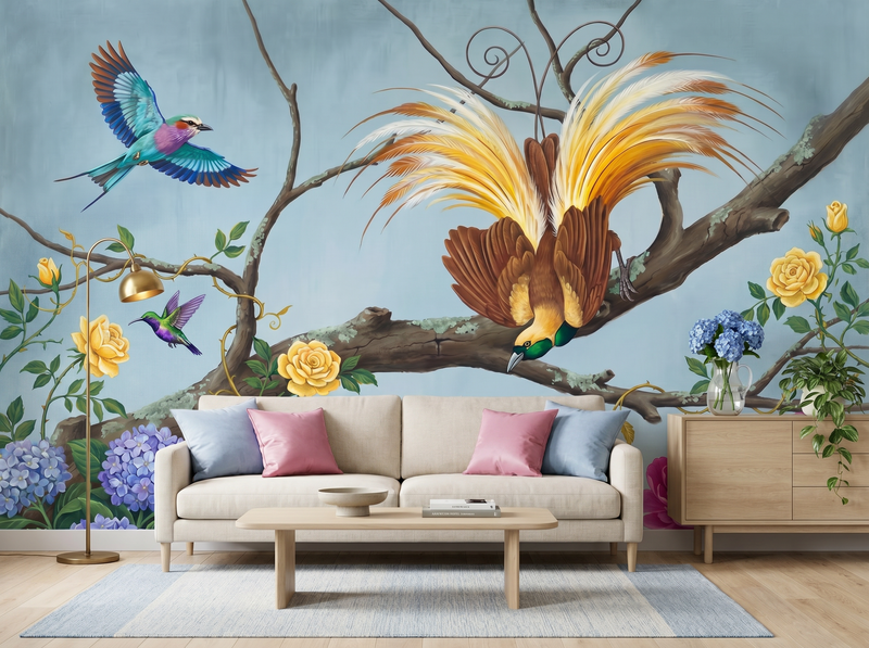 Powder Blue Aviary Chinoiserie — Scenic Mural Wallpaper