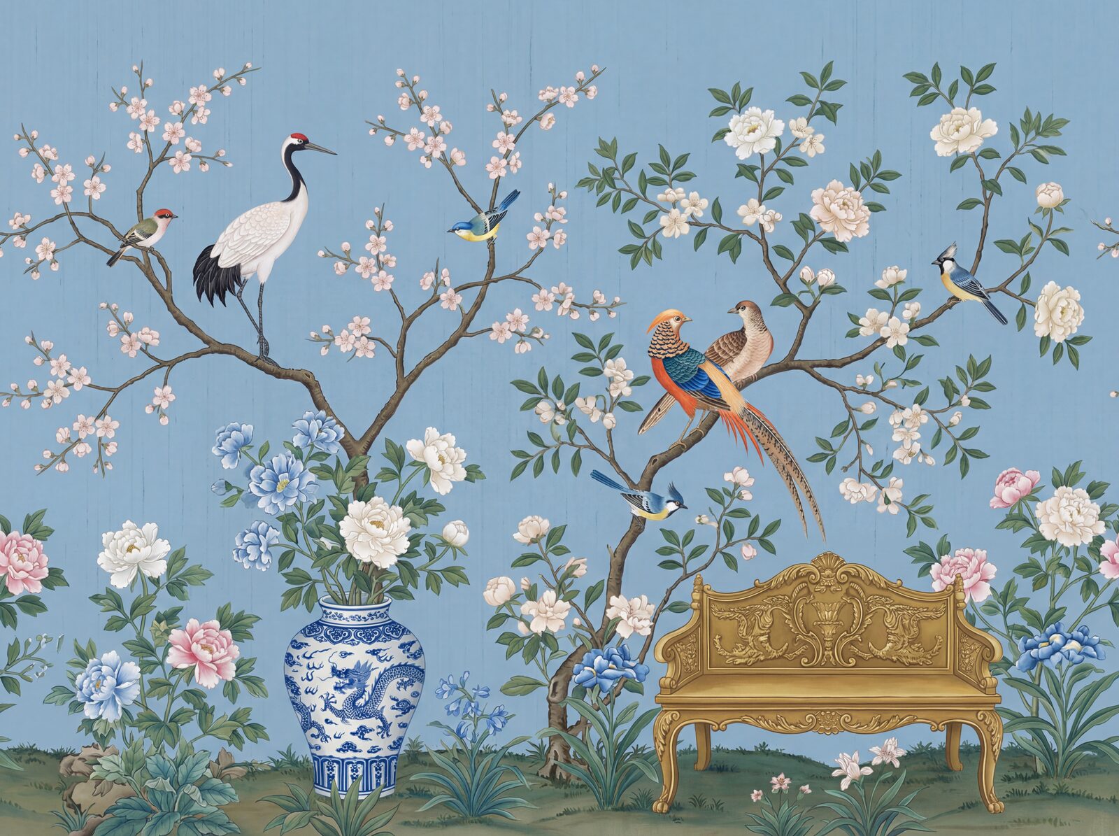Serene chinoiserie mural with powder blue, white, and gold palette. Made to order.