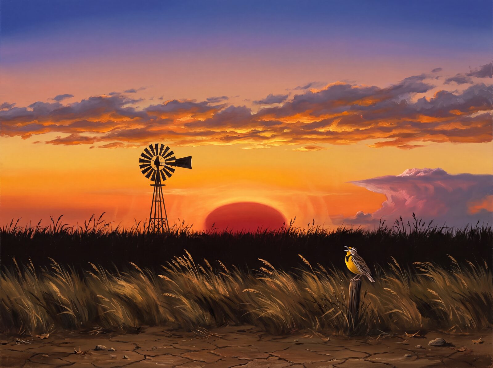 Scenic mural wallpaper featuring Prairie Crimson, Horizon Blaze, and Amber Band hues. Made to order.