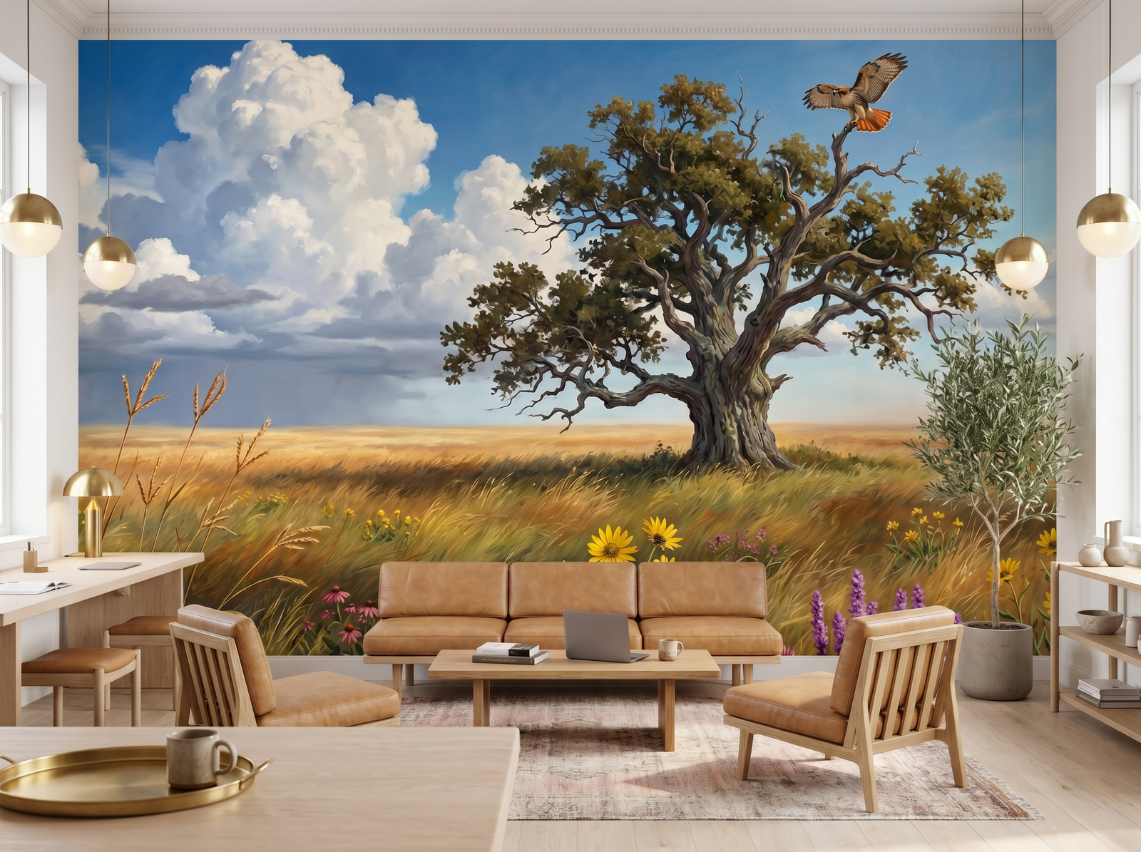 Prairie Wide scenic wallpaper mural on the feature wall of an English-country living room, in a golden yellow-and-ochre palette — The Wall Shawl.
