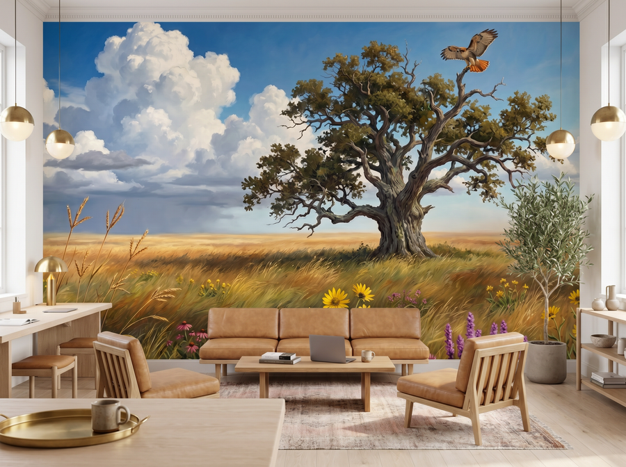Prairie Wide scenic wallpaper mural on the feature wall of an English-country living room, in a golden yellow-and-ochre palette — The Wall Shawl.