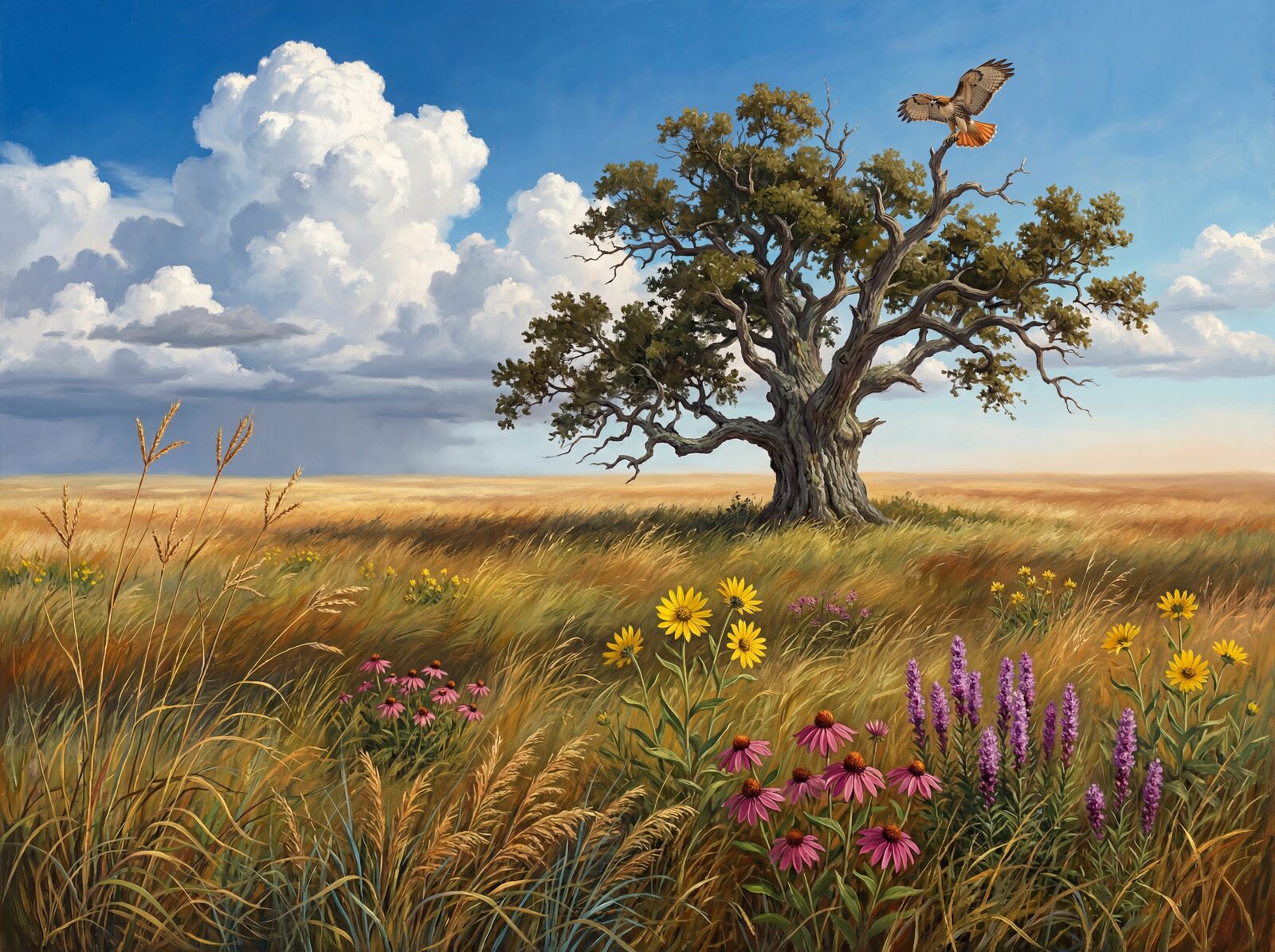 Immersive scenic mural with Bluestem Gold, Grass Amber, and Prairie Russet hues. Made to order.