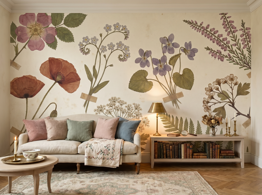 Pressed Flower Herbarium scenic wallpaper mural on the feature wall of an English-country bedroom, in a soft grey palette — The Wall Shawl.