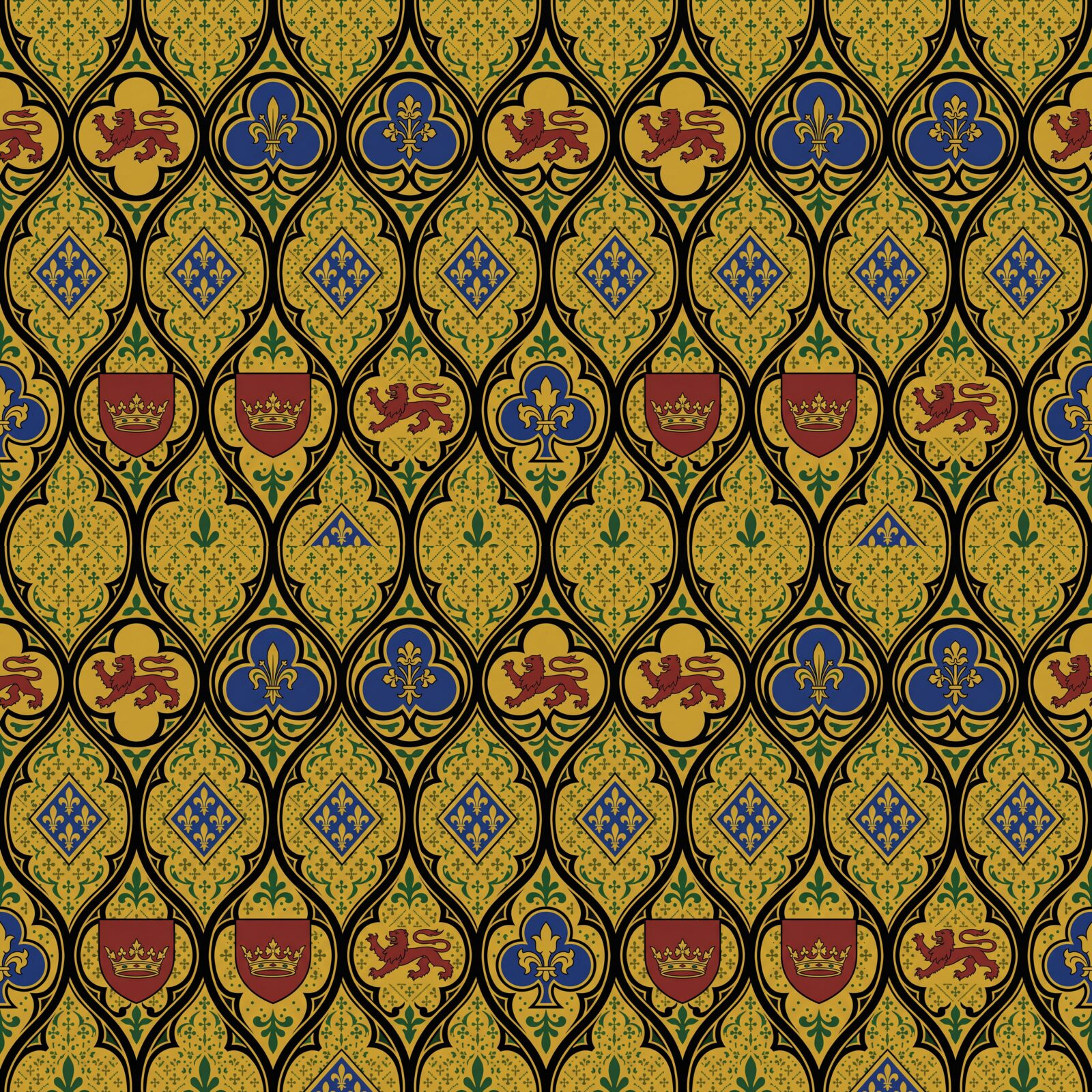 Immerse yourself in Pugin's Gothic Revival with this richly patterned mural wallpaper. Gold, red, blue, and green. Made to order.
