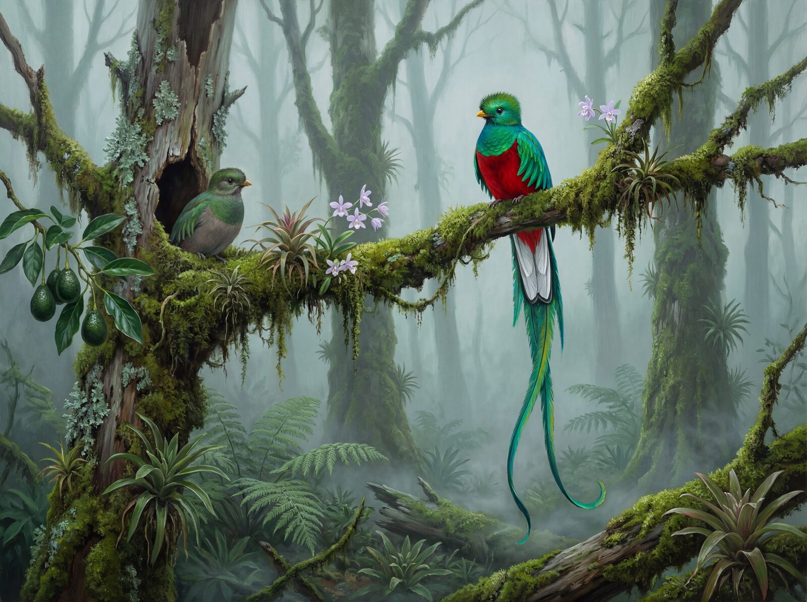 Vibrant quetzal bird amidst cloud forest mist, in shades of emerald, crimson, and gold. Made to order.