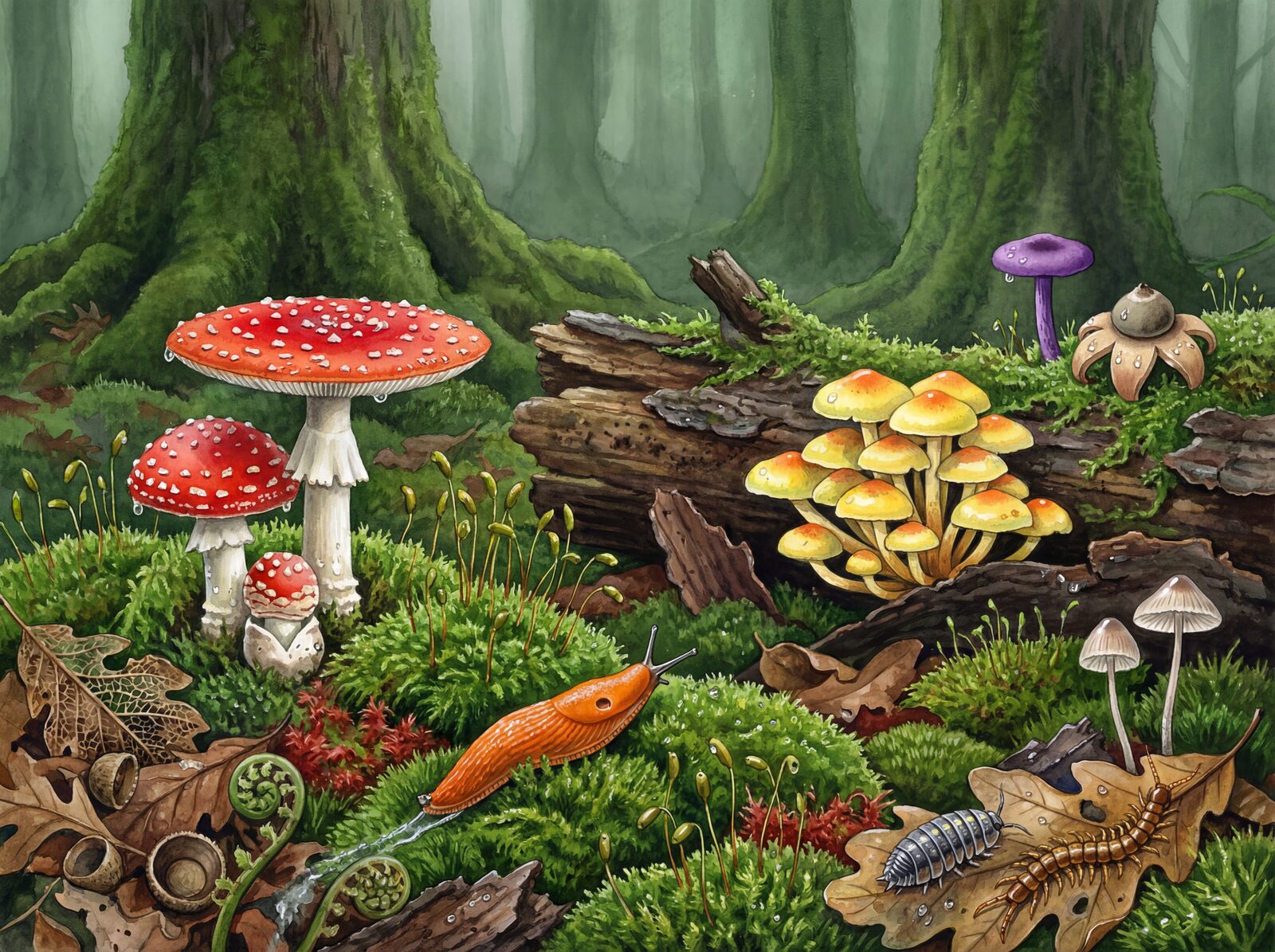 Immersive woodland mural with earthy tones and jewel colours. Made to order.