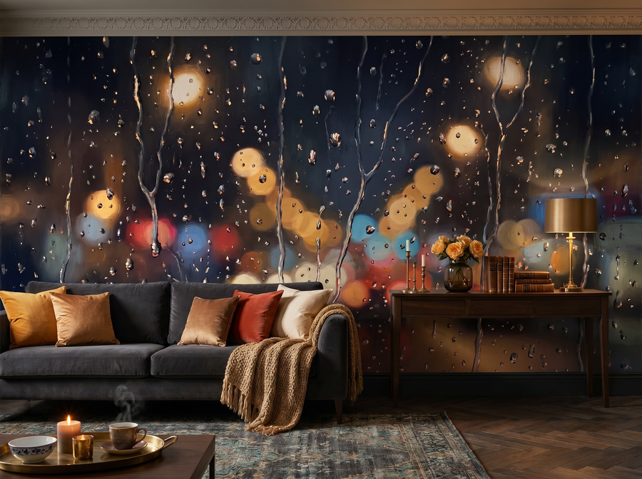 Rain on Window scenic wallpaper mural on the feature wall of an English-country living room, in a moody black-and-charcoal palette — The Wall Shawl.