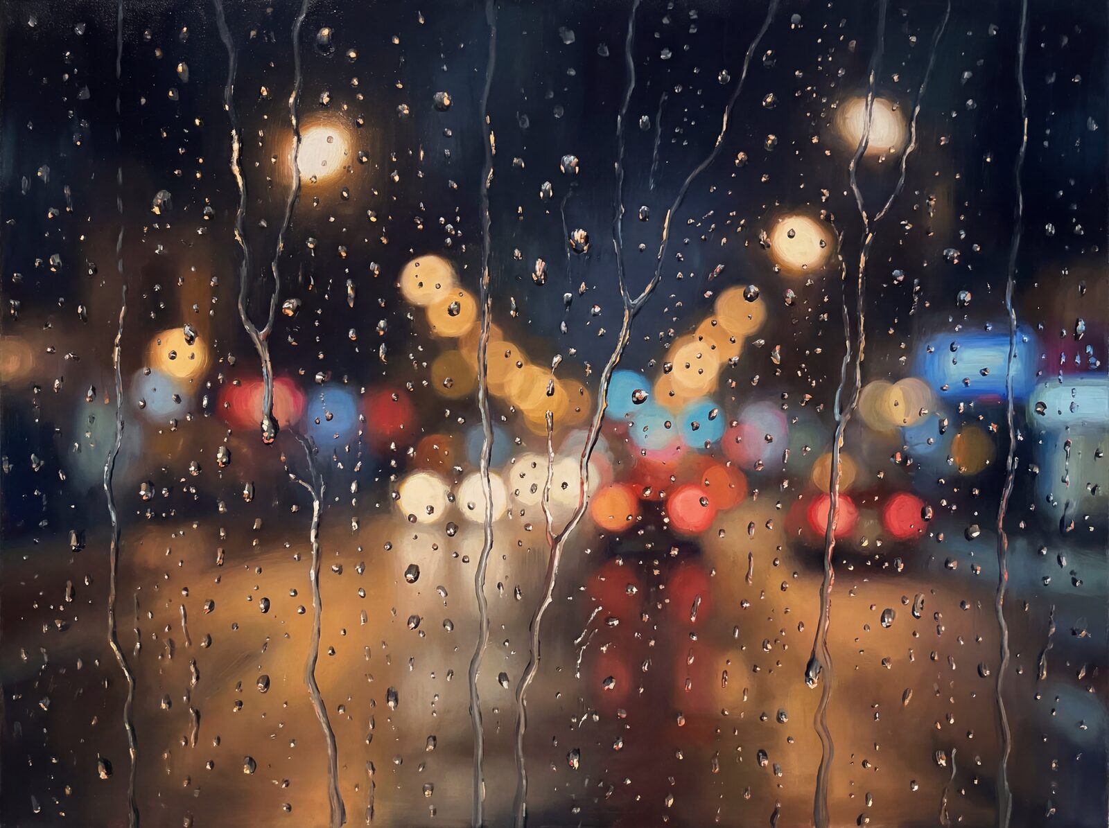 Experience the intimate melancholy of a rainy night with our 'Rain on Window' mural, featuring a dark and warm palette. Made to order.