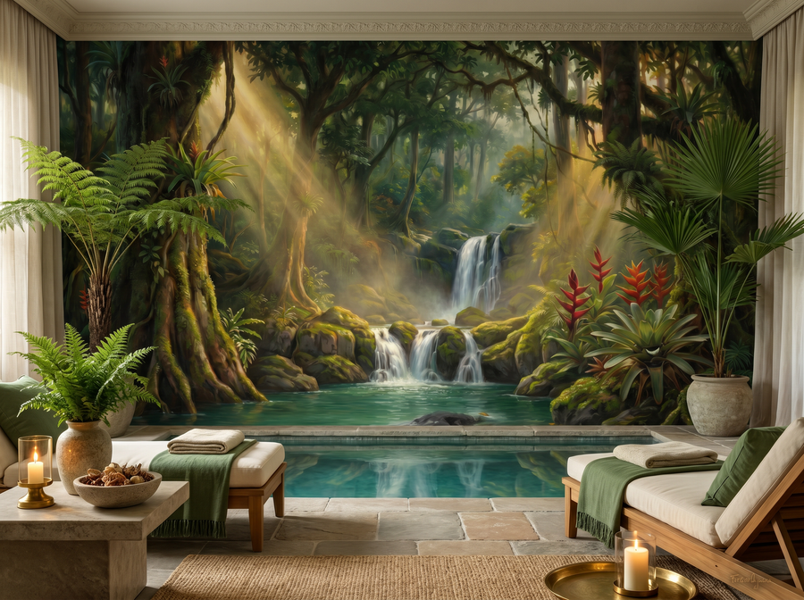 Rainforest Cascade scenic wallpaper mural on the feature wall of a biophilic bathroom, in a verdant green palette — The Wall Shawl.