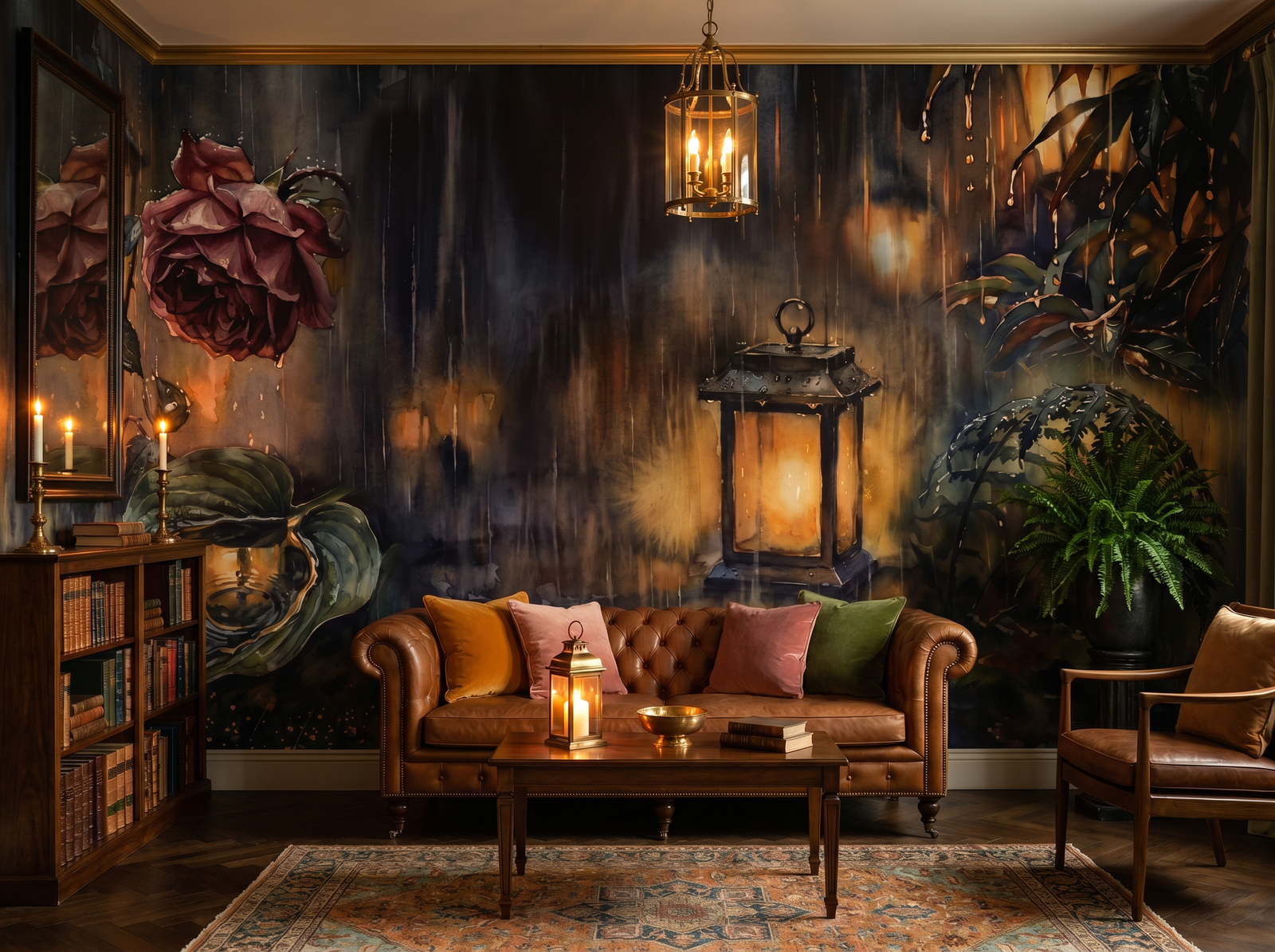 Rainy Night Garden scenic wallpaper mural on the feature wall of an English-country bathroom, in a moody black-and-charcoal palette — The Wall Shawl.