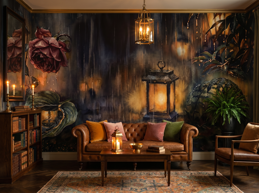 Rainy Night Garden scenic wallpaper mural on the feature wall of an English-country bathroom, in a moody black-and-charcoal palette — The Wall Shawl.