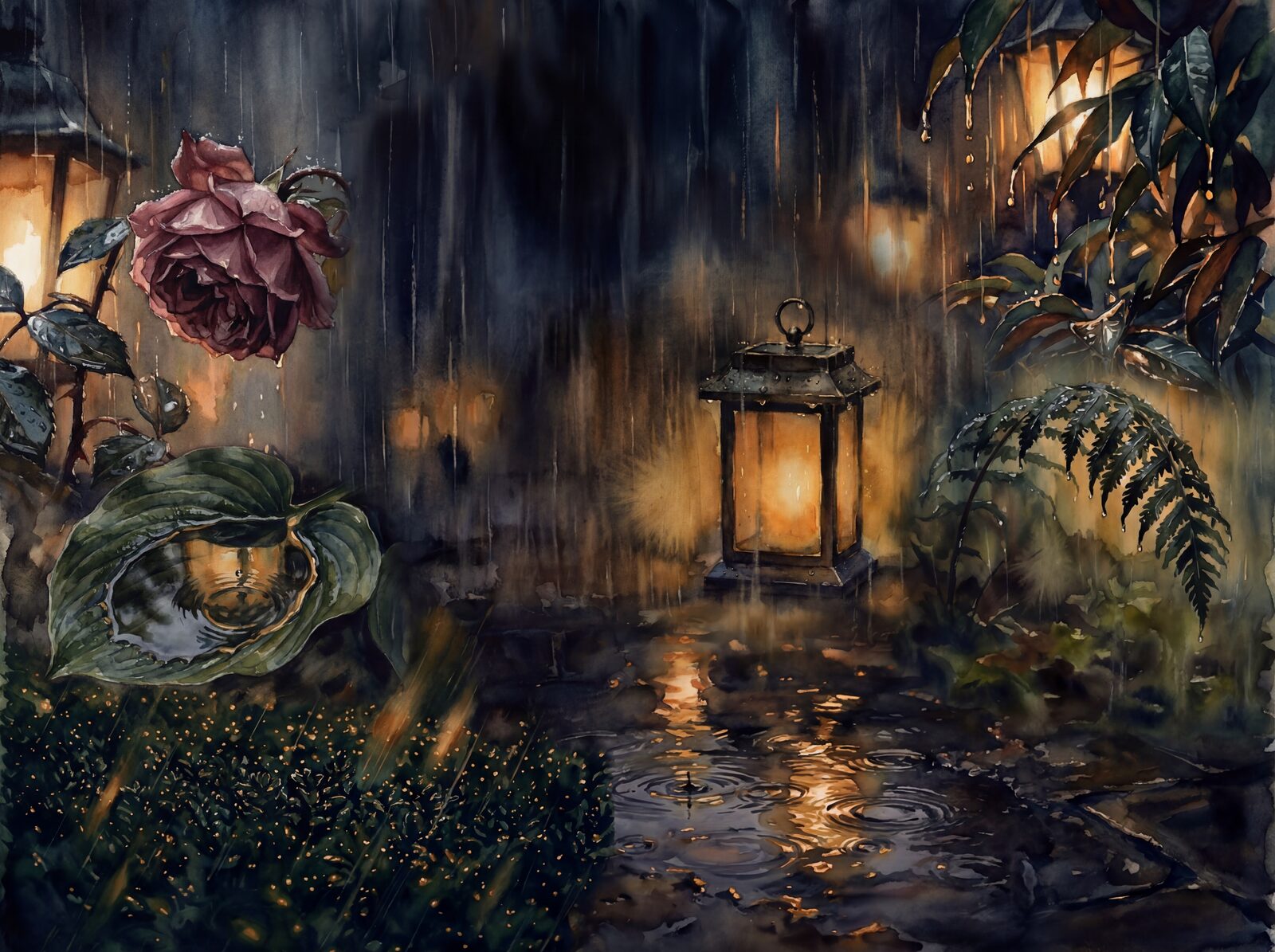 Scenic mural wallpaper featuring a rainy night garden with palette of wet darks and warm lantern light. Made to order.