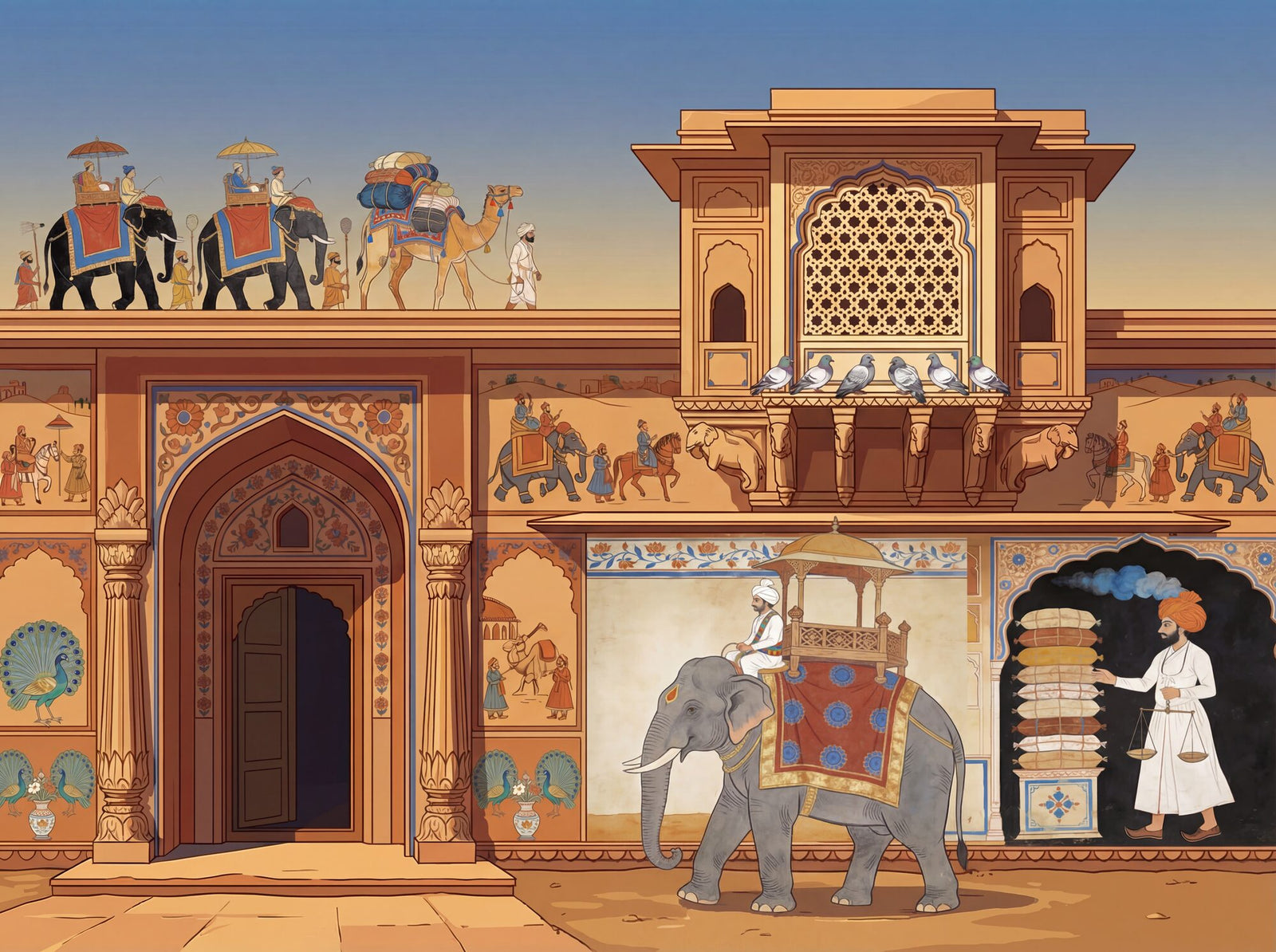 Shekhawati haveli fresco mural on warm desert sandstone: carved arched doorway with peacock carvings, jharokha projecting windows with geometric jali screens, elephant procession in vermillion and Jodhpur blue across the upper frieze, camel caravan, naive steam locomotive panel, turbaned merchant with scales, and pigeons on the balustrade against a desert sky