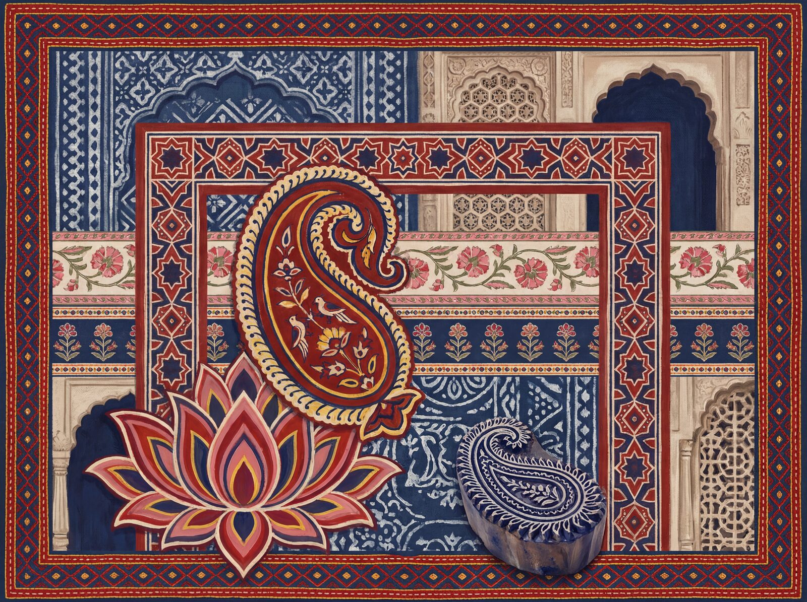 Rajasthani-inspired scenic mural with indigo, madder red, and natural cotton hues. Made to order.
