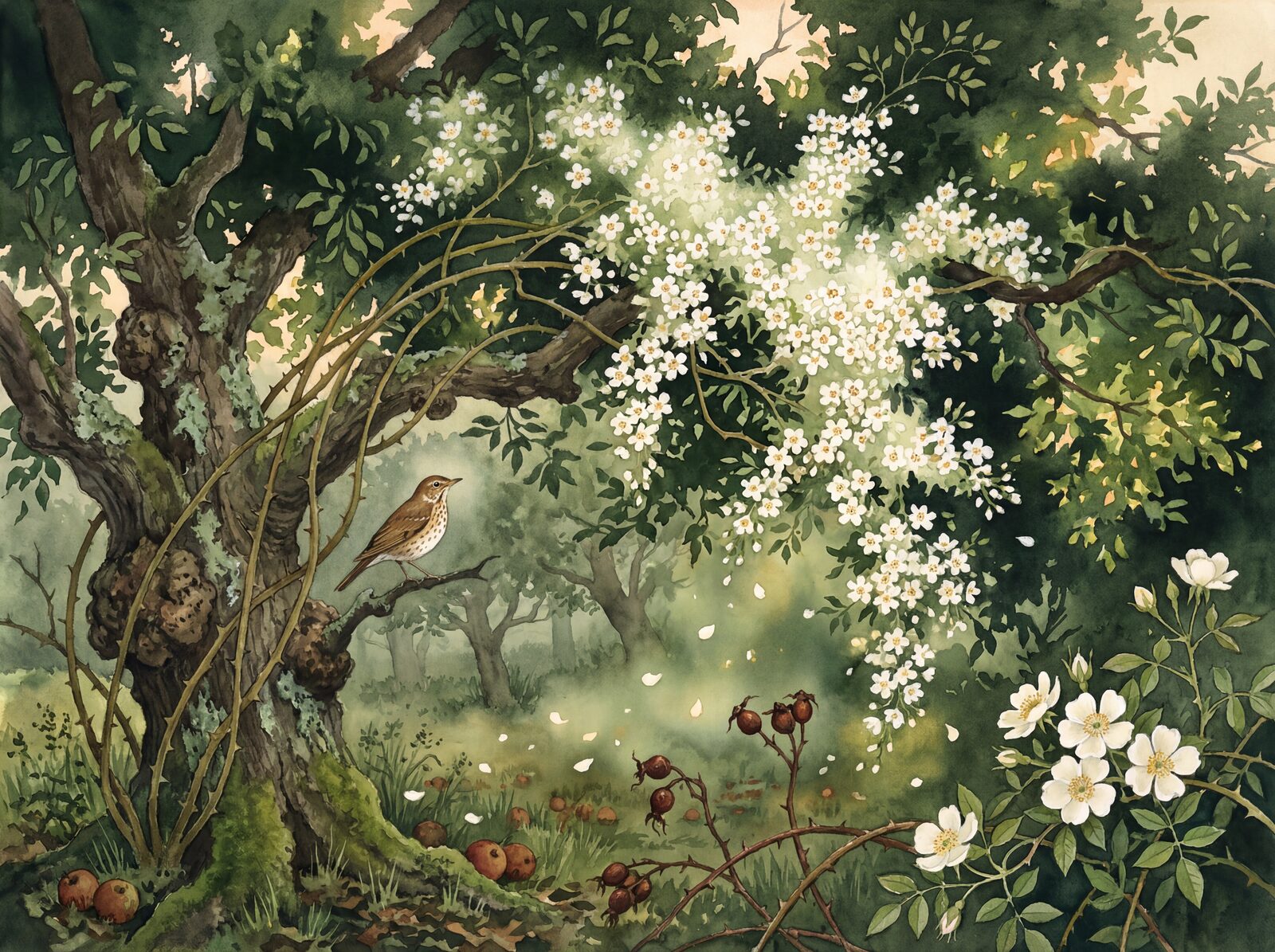 Scenic mural wallpaper featuring a wild rose cascade in orchard greens. Made to order.