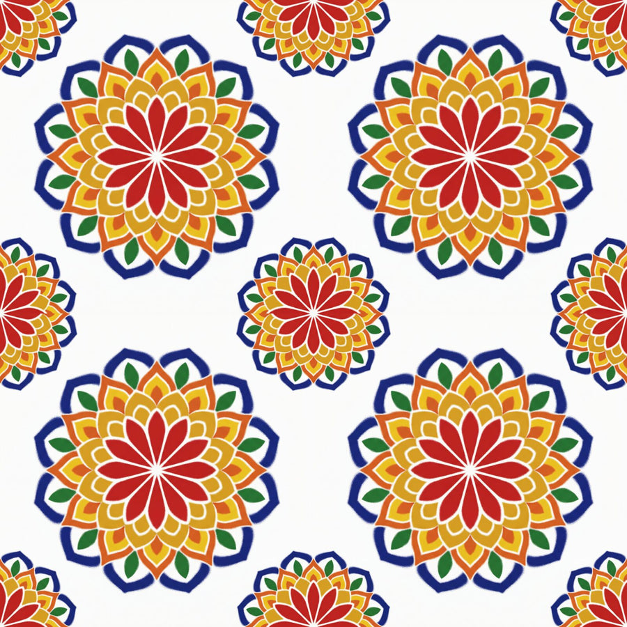 Immerse yourself in the jubilant colours of a Diwali rangoli. Featuring Kumkum Red, Turmeric Yellow, and Emerald Green. Made to order.