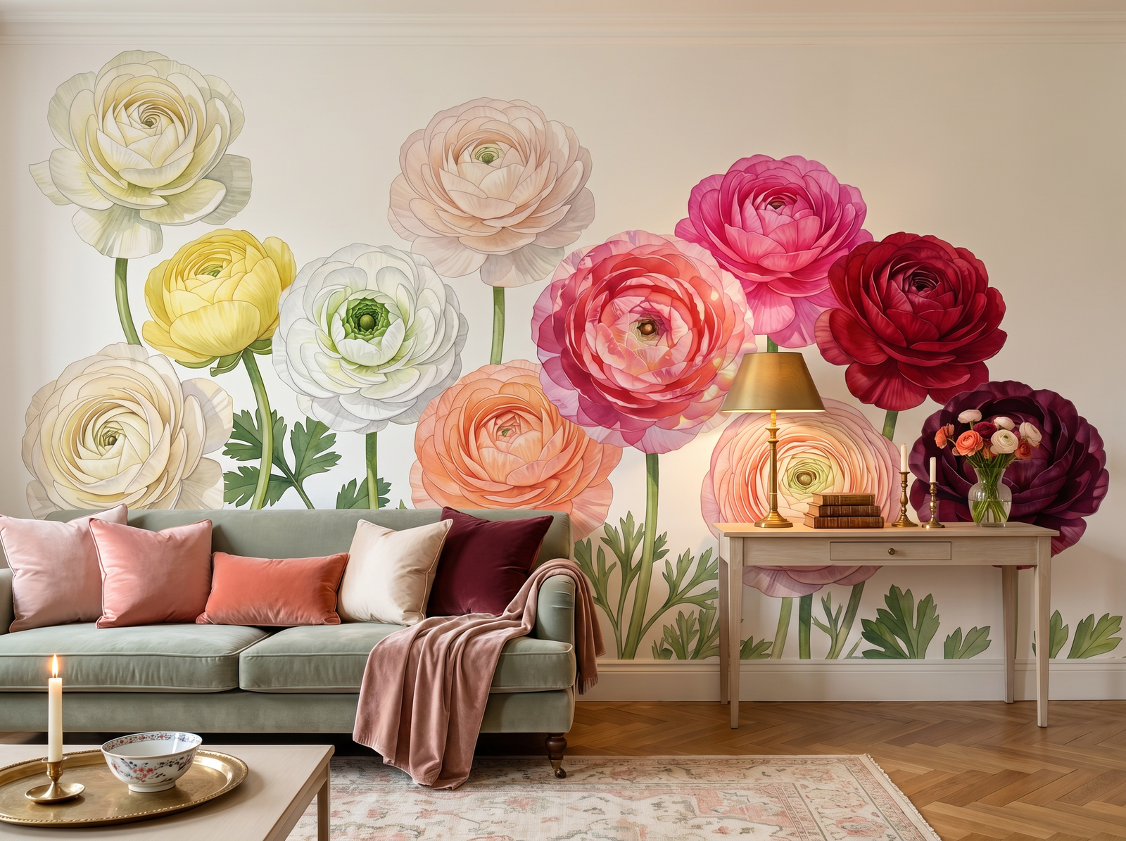 Ranunculus Arrangement scenic wallpaper mural on the feature wall of an English-country bedroom, in a soft grey palette — The Wall Shawl.