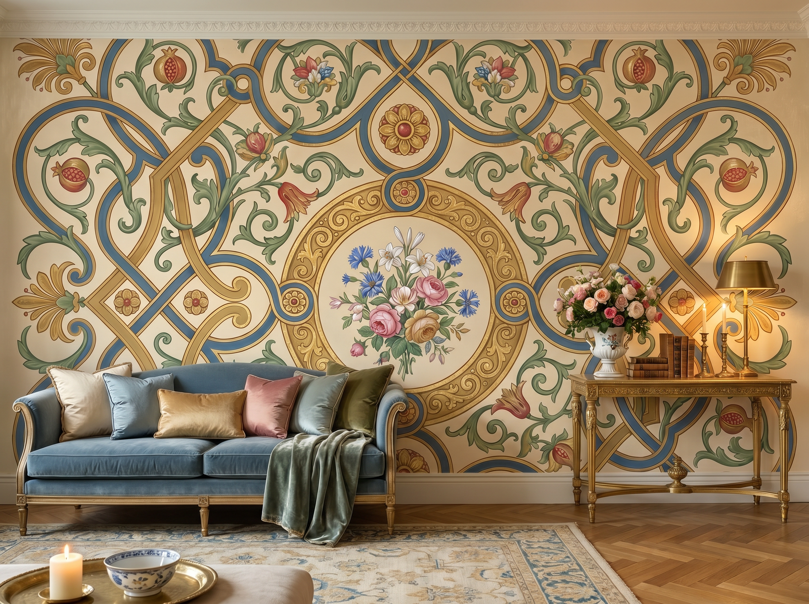 Raphael Arabesque wallpaper mural styled in a Traditional / Classic Study / Home Office, Damask, Greys palette.