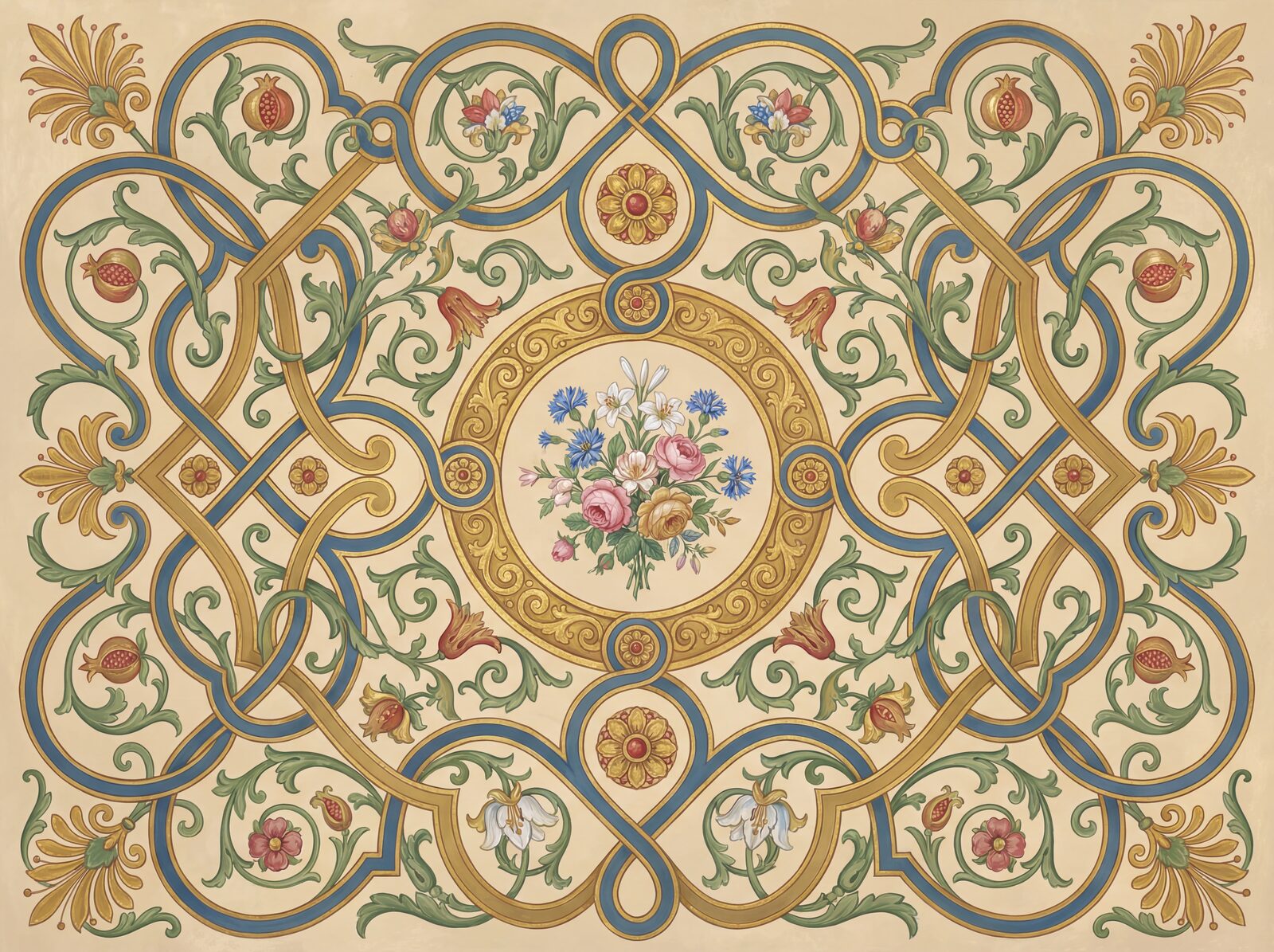 Experience the hypnotic intricacy of Raphael Arabesque mural wallpaper in cream, gold, green, and blue. Made to order.