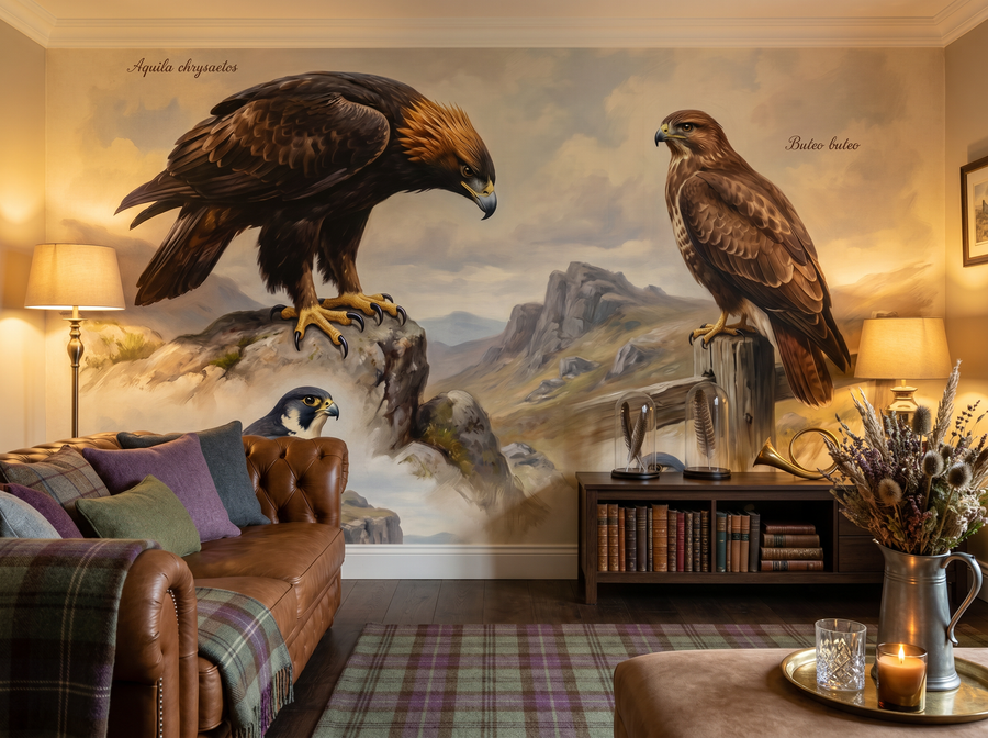 Raptor Study scenic wallpaper mural on the feature wall of an English-country study, in a moody black-and-charcoal palette — The Wall Shawl.
