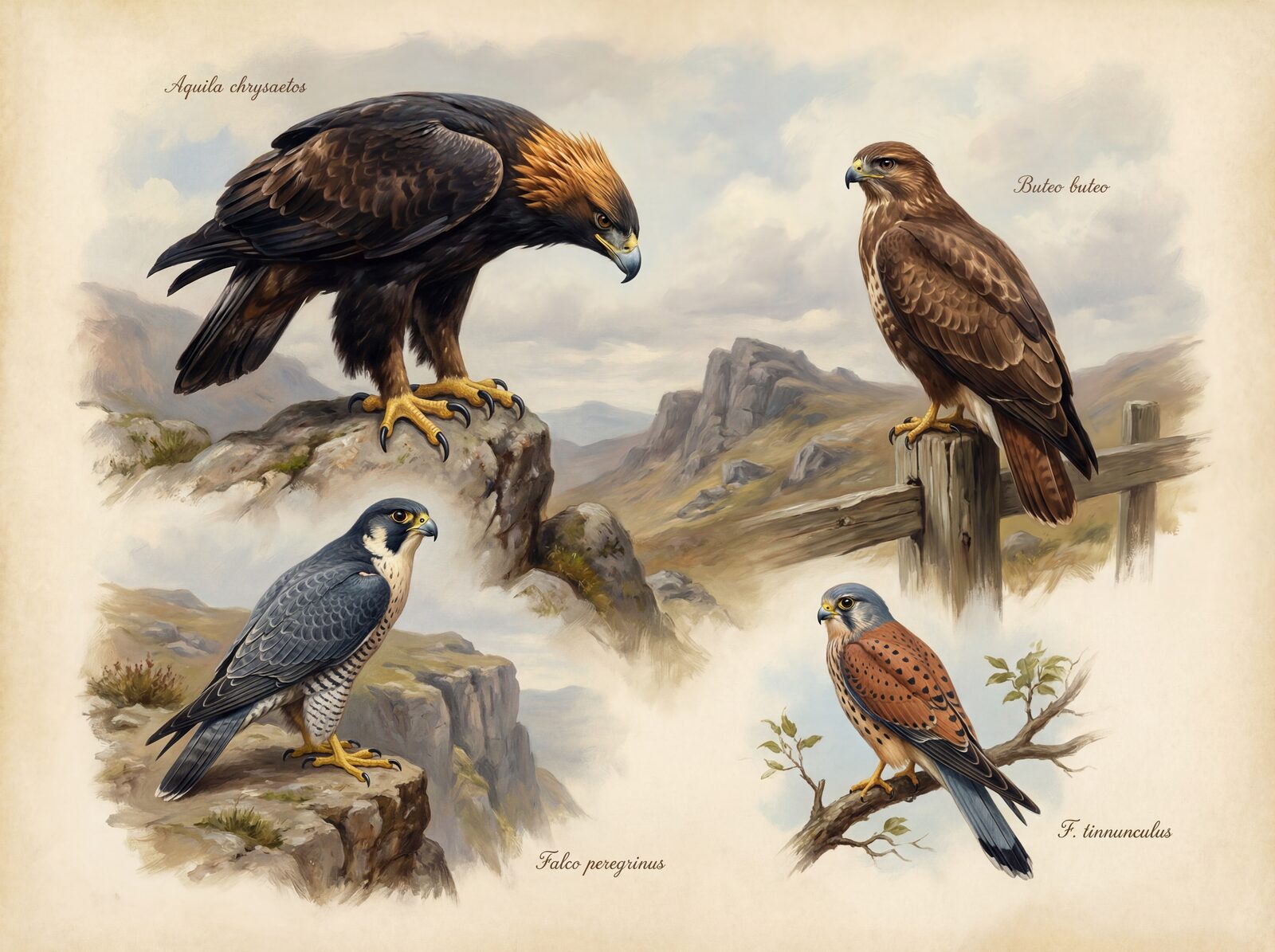 Four magnificent birds of prey, rendered with exquisite detail on an aged vellum ground. Tawny golds, rich browns, and blue-greys. Made to order.
