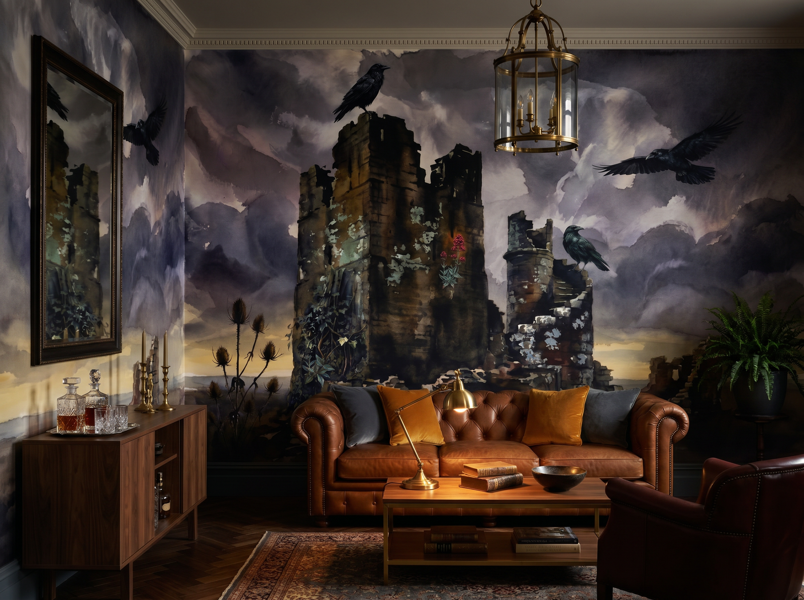 Ravens in Tower scenic wallpaper mural on the feature wall of an English-country study, in a moody black-and-charcoal palette — The Wall Shawl.
