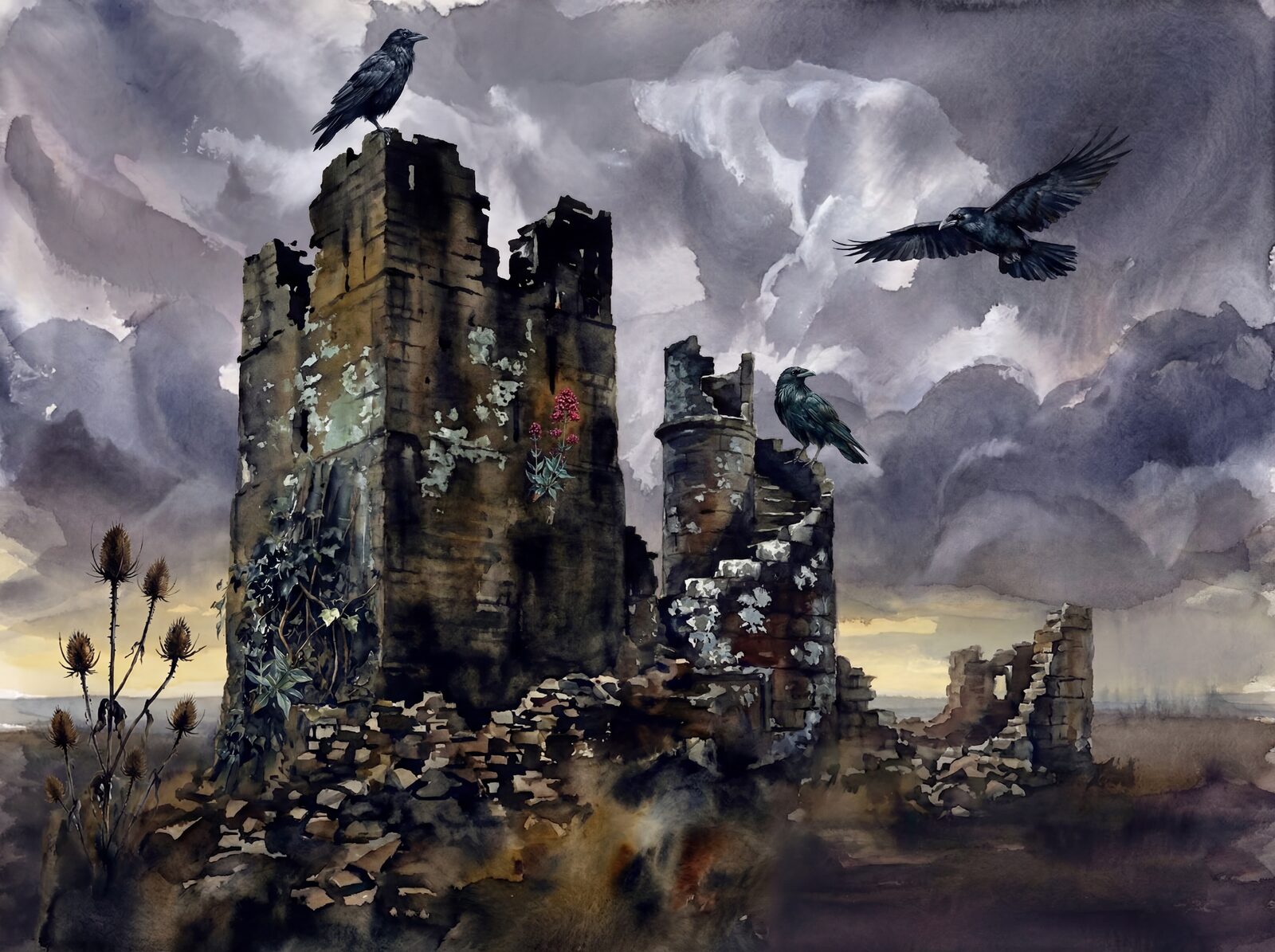 Mural wallpaper featuring a tower and ravens in dark sandstone, hammered pewter, and raven black. Made to order.