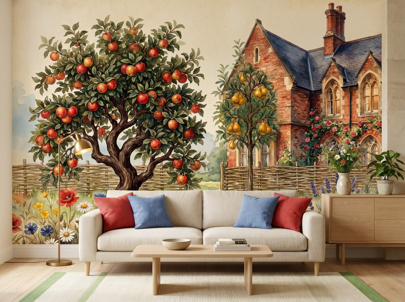 Red House Garden scenic wallpaper mural on the feature wall of an English-country entrance hall, in a rich red-and-burgundy palette — The Wall Shawl.
