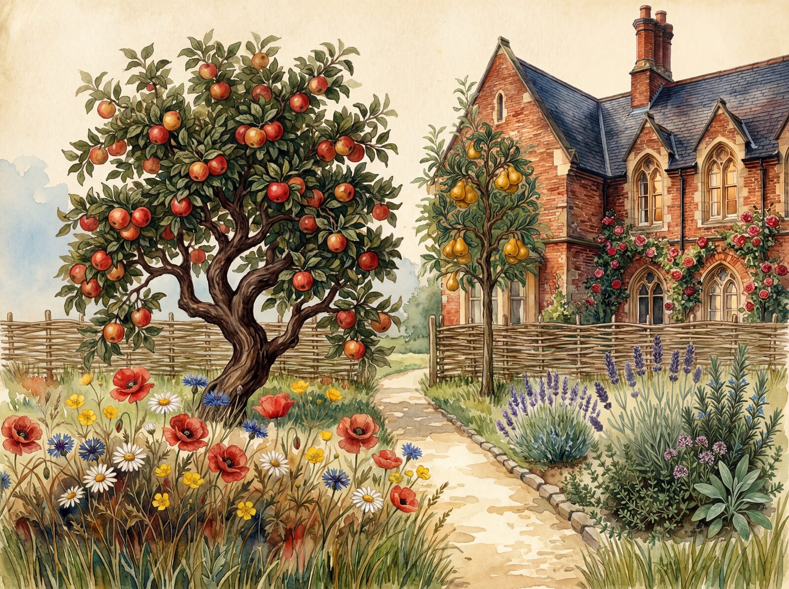 Scenic mural wallpaper with Red Brick, Orchard Green, and Rose Madder hues. Made to order.