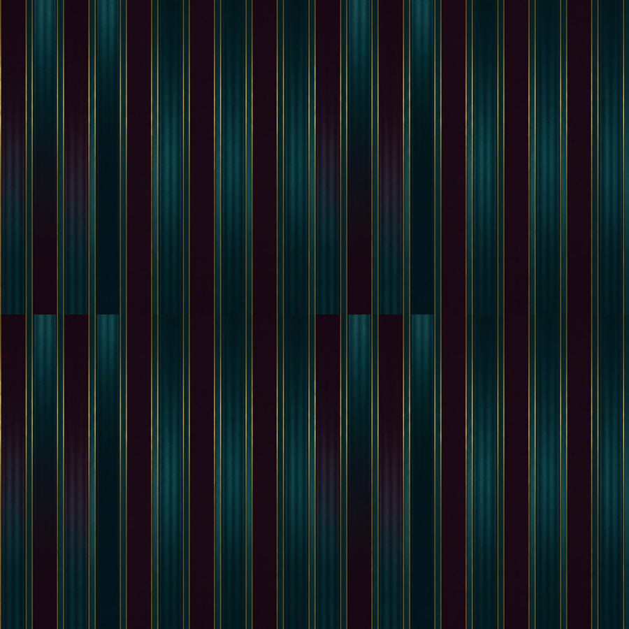 Bold vertical stripes in darkened teal, plum, and gold create a confident, architectural statement. Made to order.